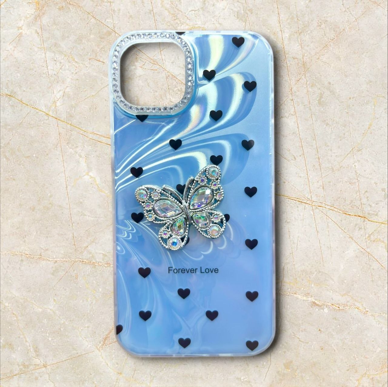  قاب پروانه نگینی آیفون iPhone16ProMax رنگ آبی یخی – Butterfly Crystal – یونیک کیس 