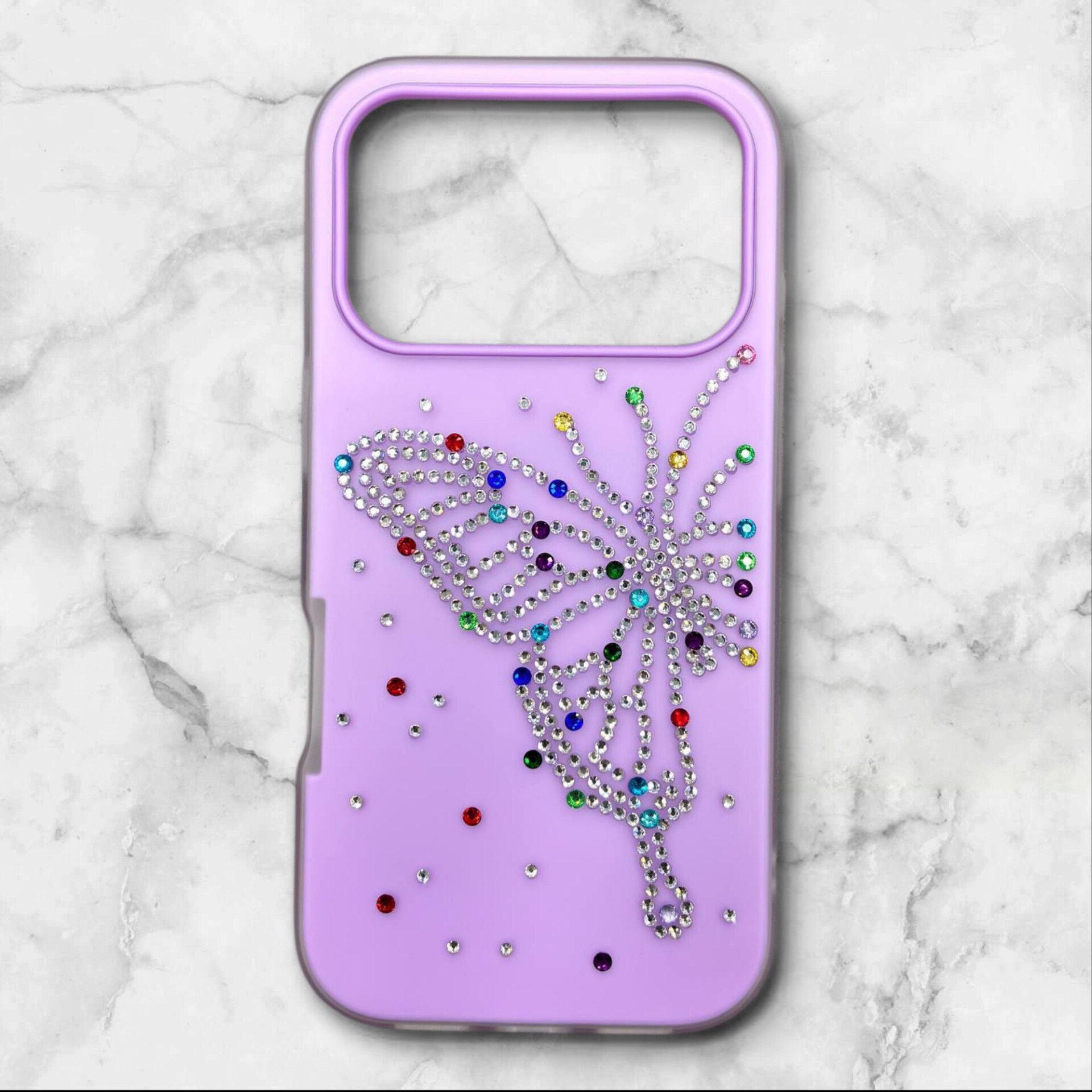  قاب ایفونiPhone17pro پروانه‌ای نگین‌دار سیلیکونی دولایه رنگ بنفش – یونیک کیس 