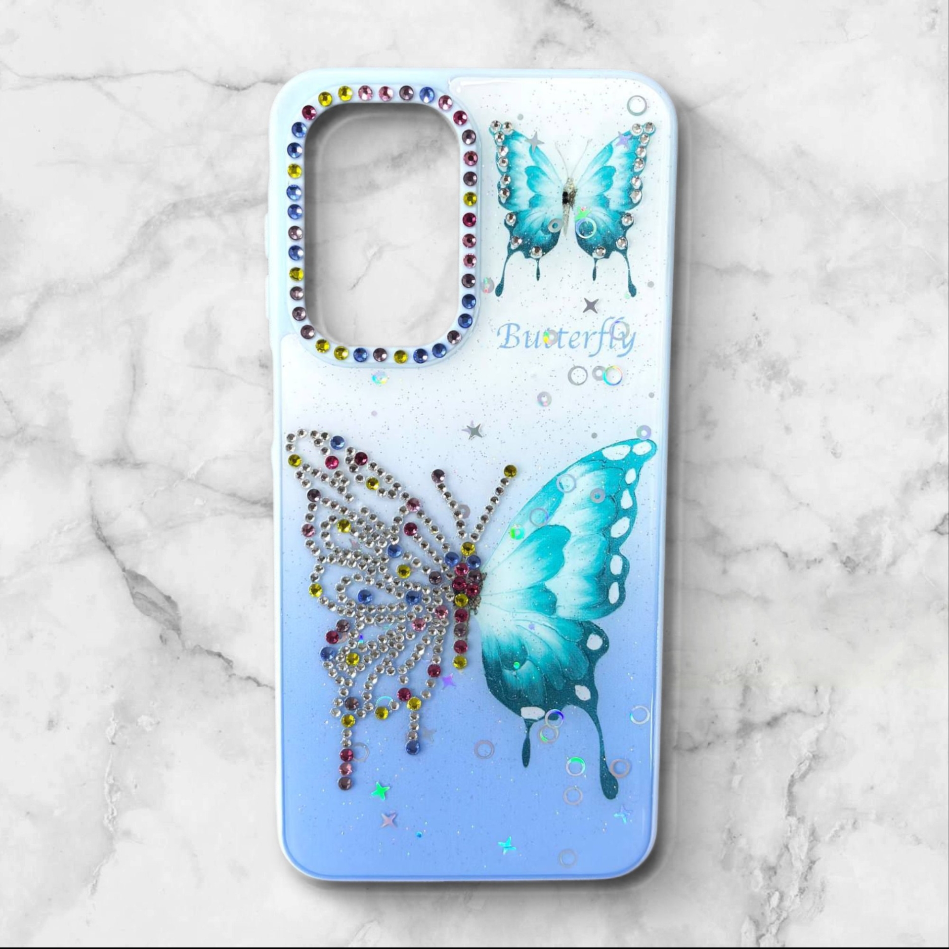  قاب طرح دار سامسونگsamsunga56 قاب پروانه نگین‌دار BUTTERFLY رنگ ابی – یونیک کیس 