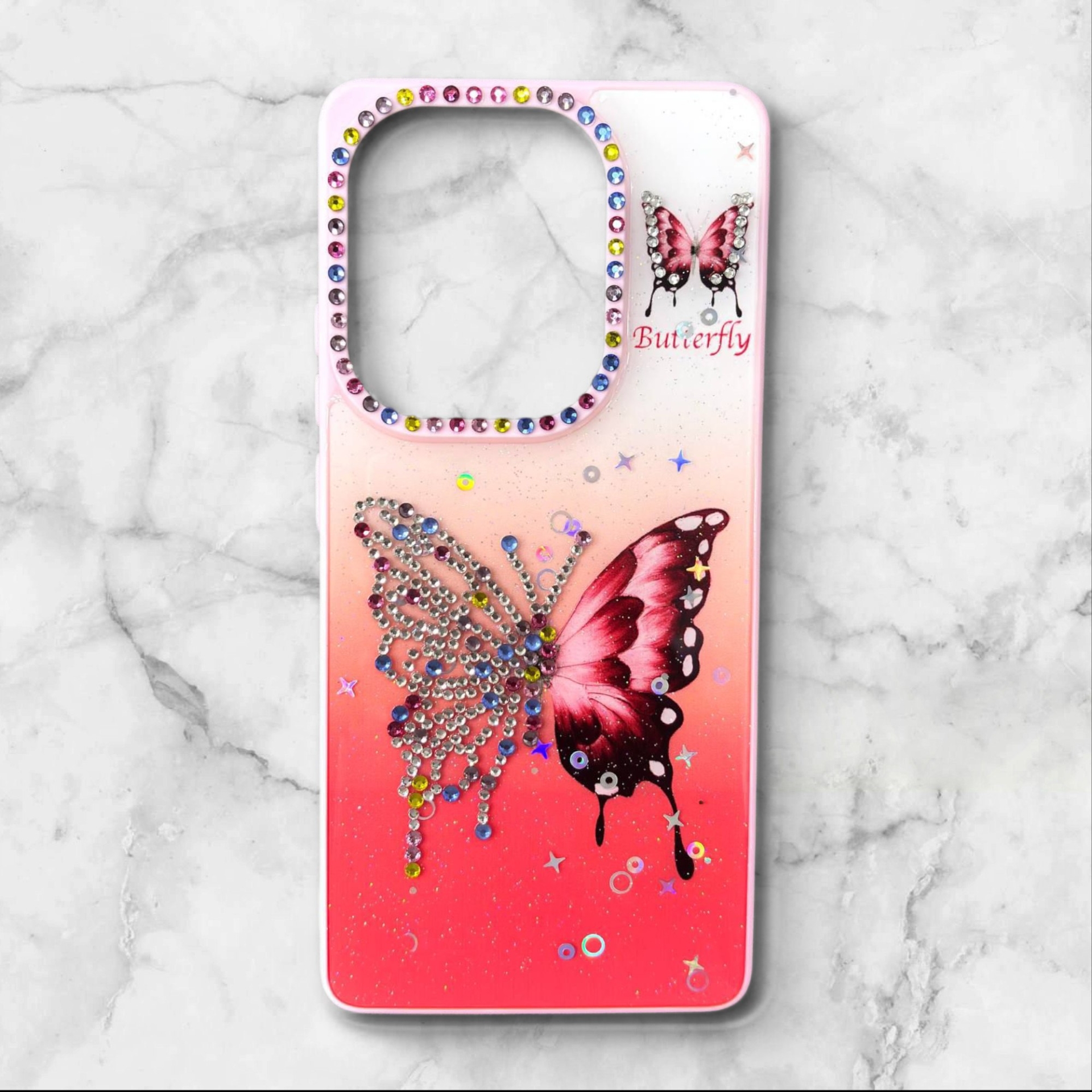  قاب طرح دار شیائومیredminote134g قاب پروانه نگین‌دار BUTTERFLY رنگ قرمز – یونیک کیس 
