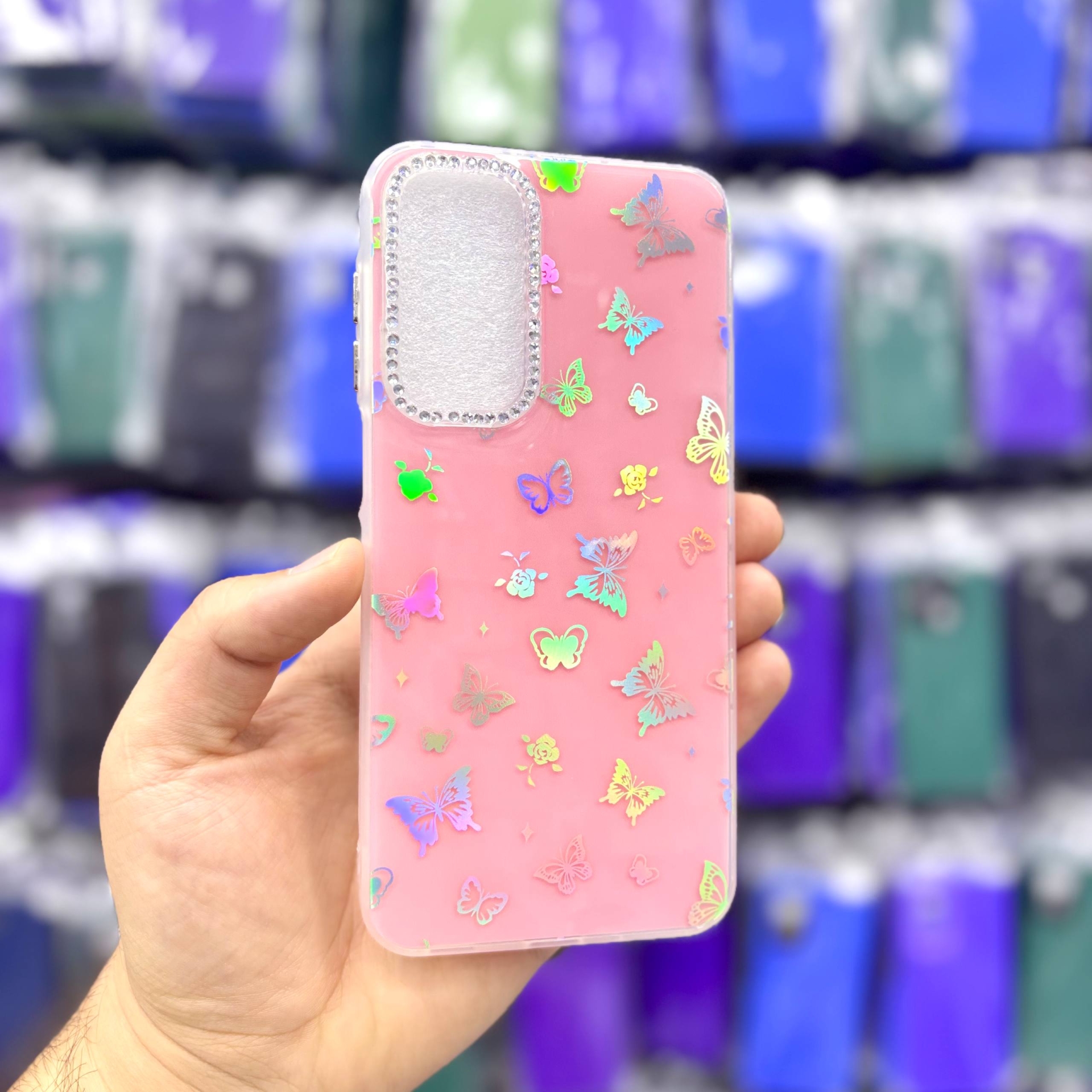 قاب سامسونگsamsunga17 پروانهای نگیندار هولوگرامی رنگ صورتی – یونیک کیس