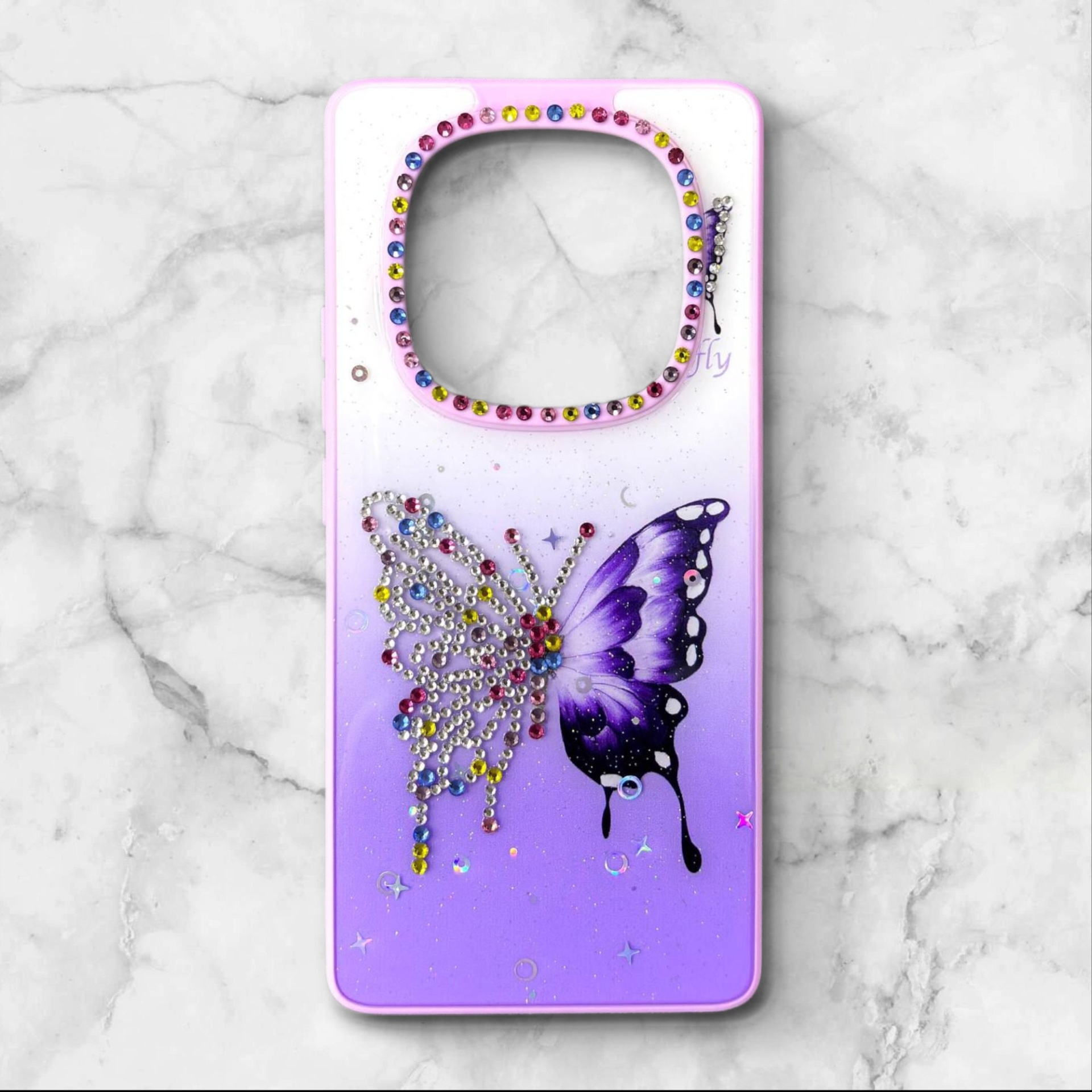  قاب طرح دار شیائومیredminote14pro4g قاب پروانه نگین‌دار BUTTERFLY رنگ بنفش – یونیک کیس 