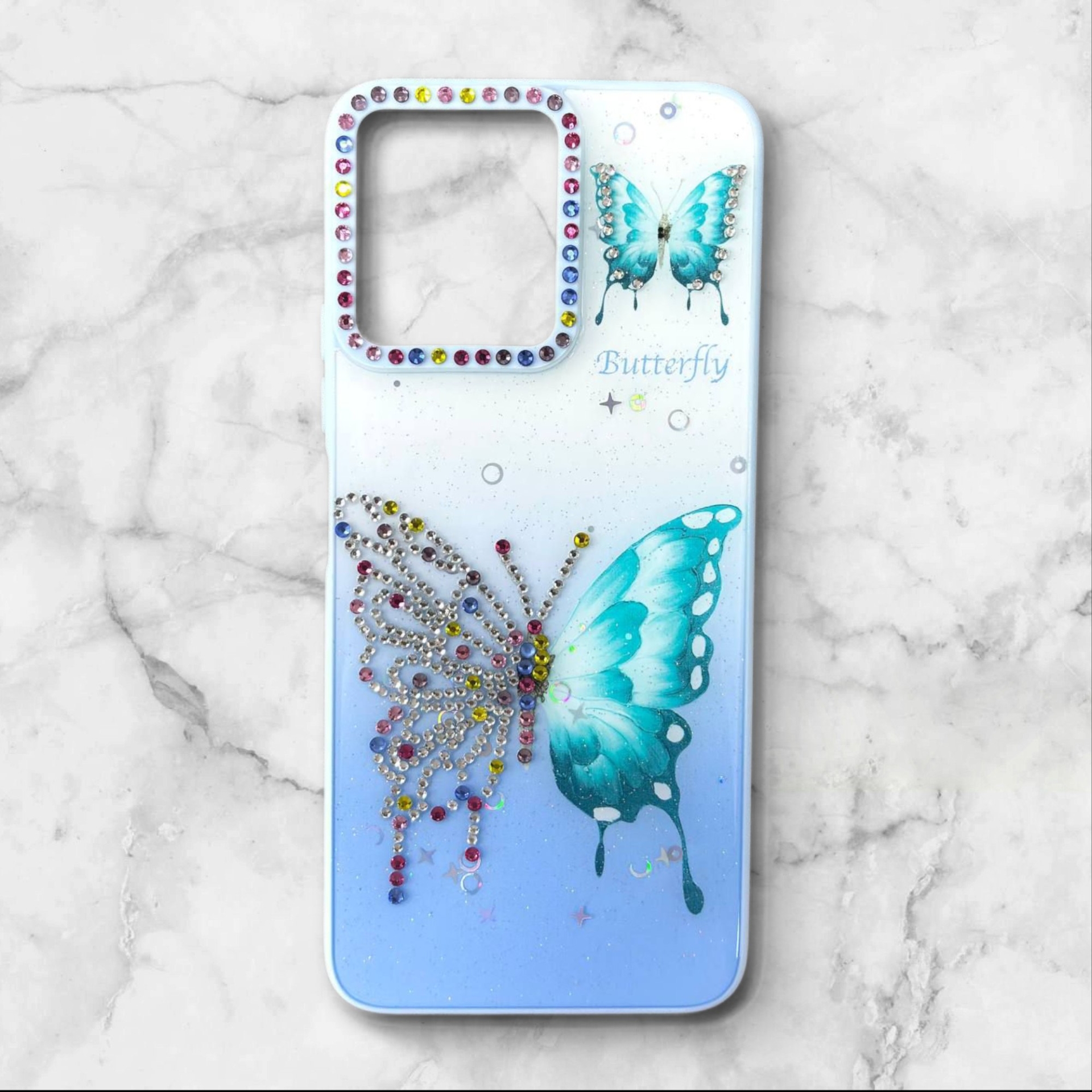 قاب طرح دار شیائومیredmi12 قاب پروانه نگیندار BUTTERFLY رنگ ابی – یونیک کیس