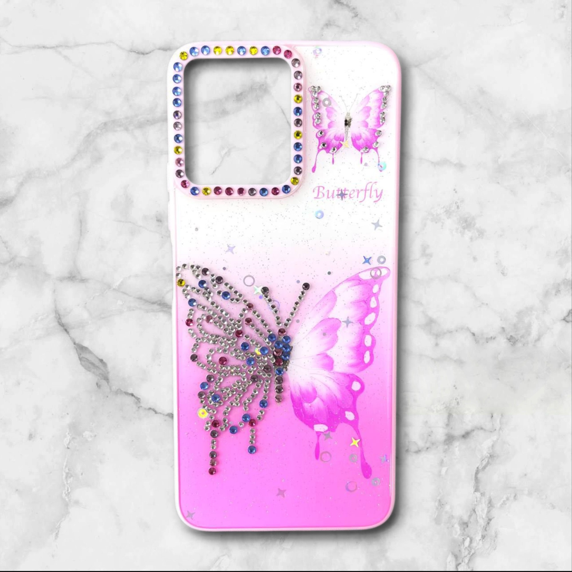 قاب طرح دار شیائومیredmi12 قاب پروانه نگیندار BUTTERFLY رنگ صورتی – یونیک کیس