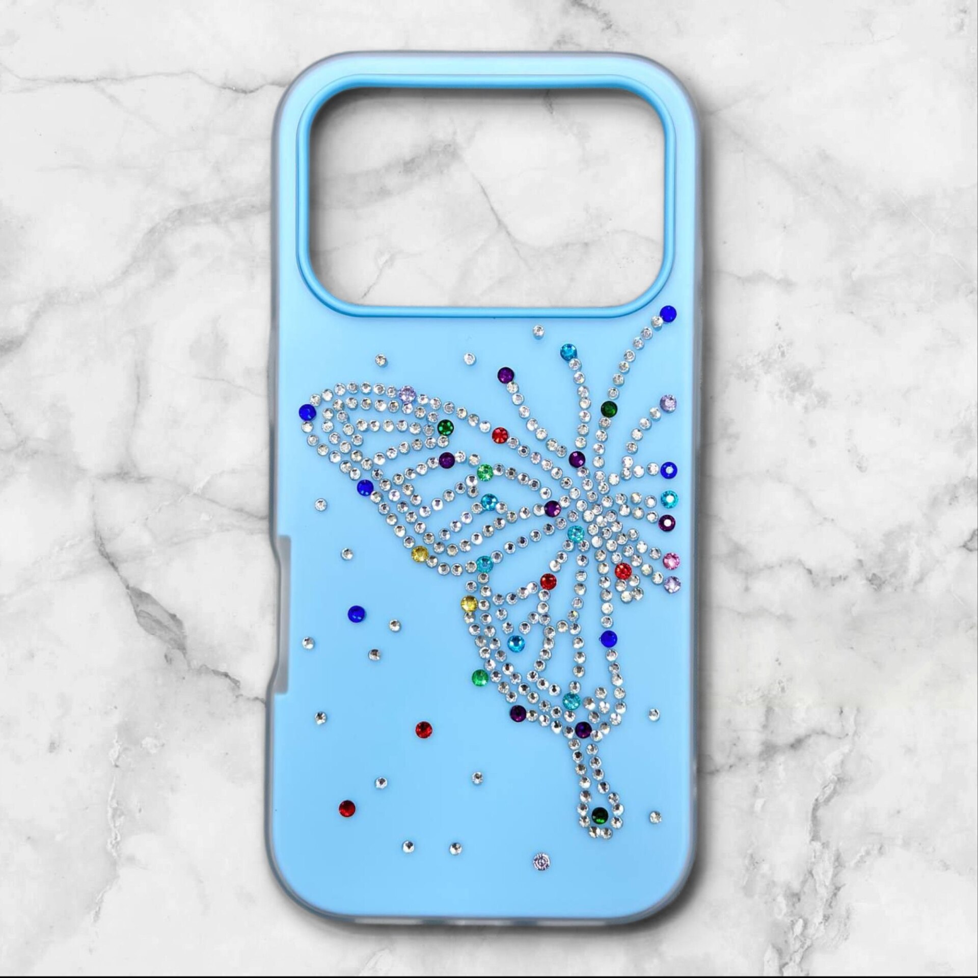  قاب ایفونiPhone17pro پروانه‌ای نگین‌دار سیلیکونی دولایه رنگ ابی – یونیک کیس 