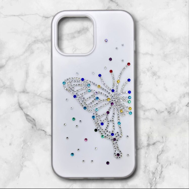 قاب ایفونiPhone16promax پروانه‌ای نگین‌دار سیلیکونی دولایه رنگ سفید – یونیک کیس 