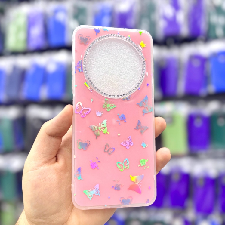 قاب شیائومیredmi14c پروانه‌ای نگین‌دار هولوگرامی رنگ صورتی – یونیک کیس 