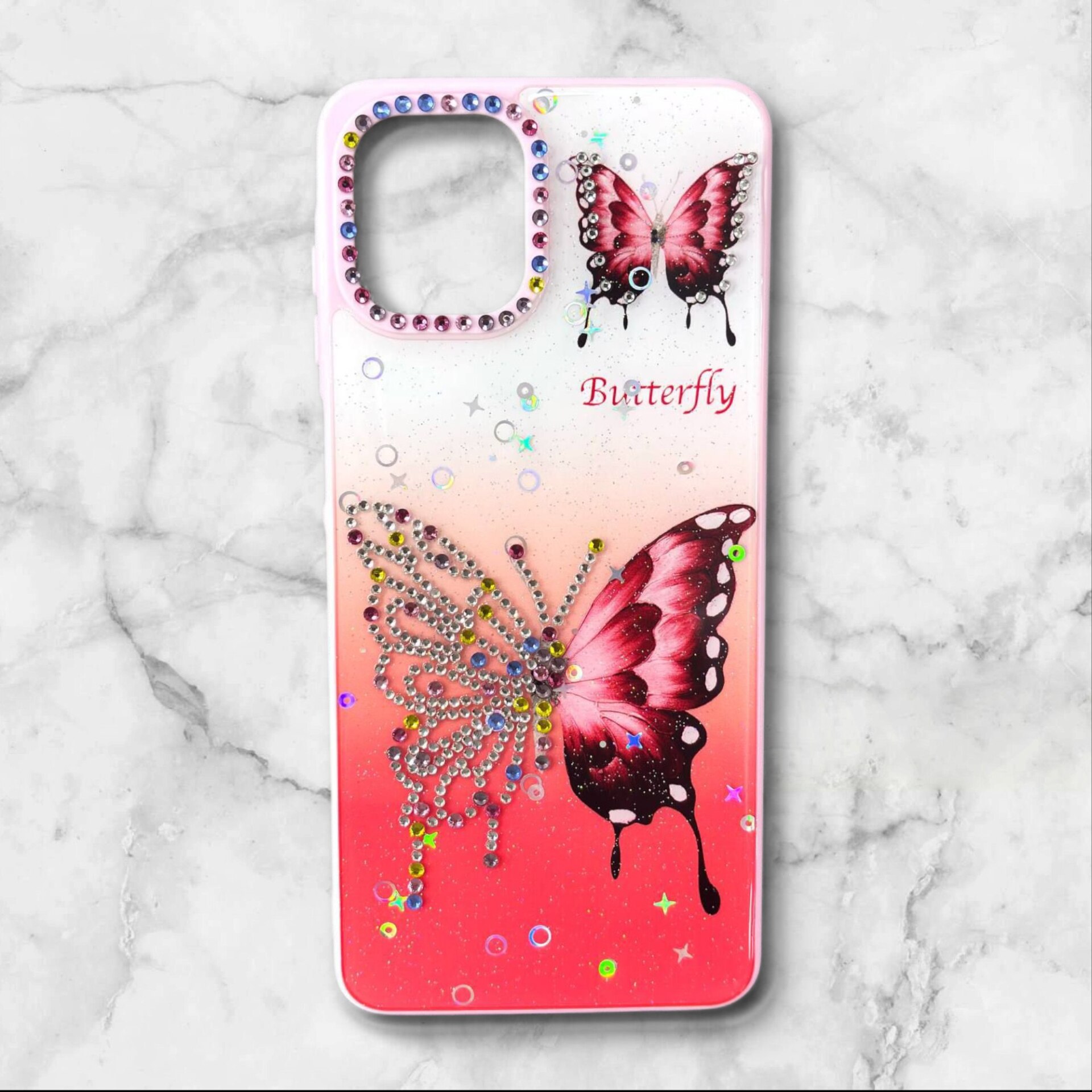  قاب طرح دار سامسونگsamsunga06 قاب پروانه نگین‌دار BUTTERFLY رنگ قرمز – یونیک کیس 