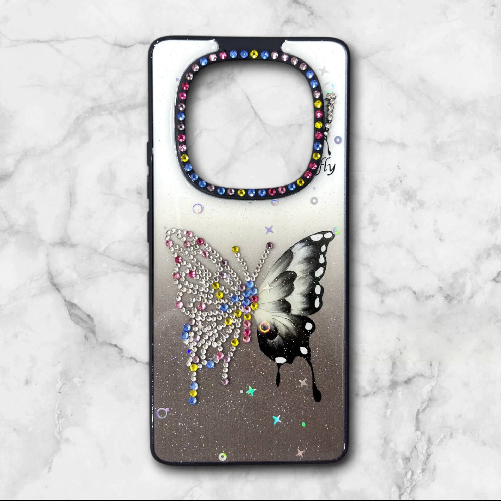  قاب طرح دار شیائومیredminote14pro4g قاب پروانه نگین‌دار BUTTERFLY رنگ مشکی – یونیک کیس 