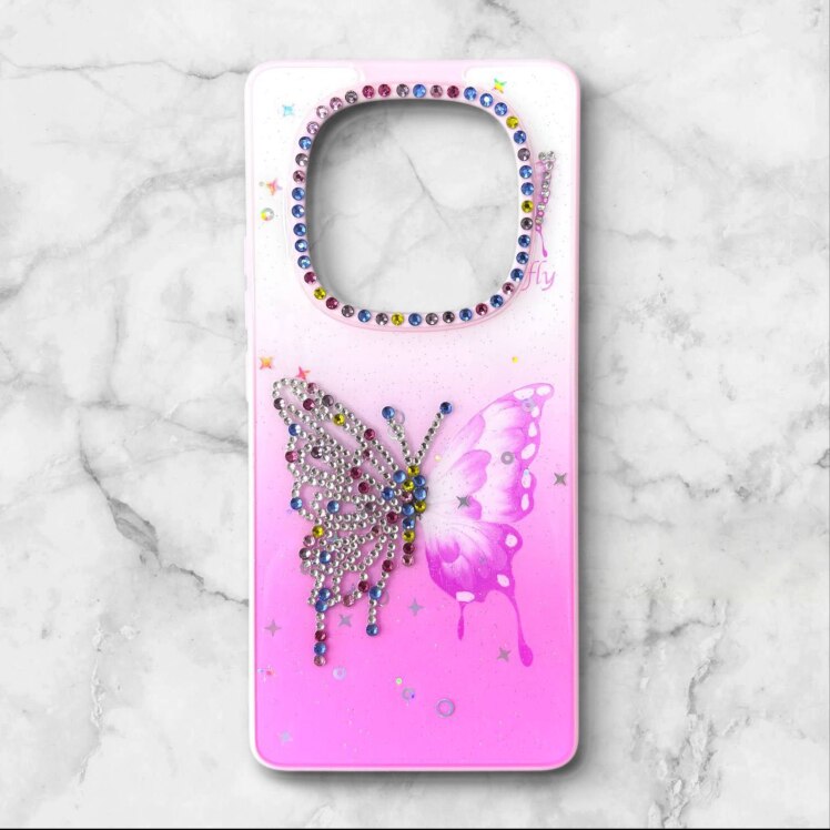 قاب طرح دار شیائومیredminote14pro4g قاب پروانه نگین‌دار BUTTERFLY رنگ صورتی – یونیک کیس 