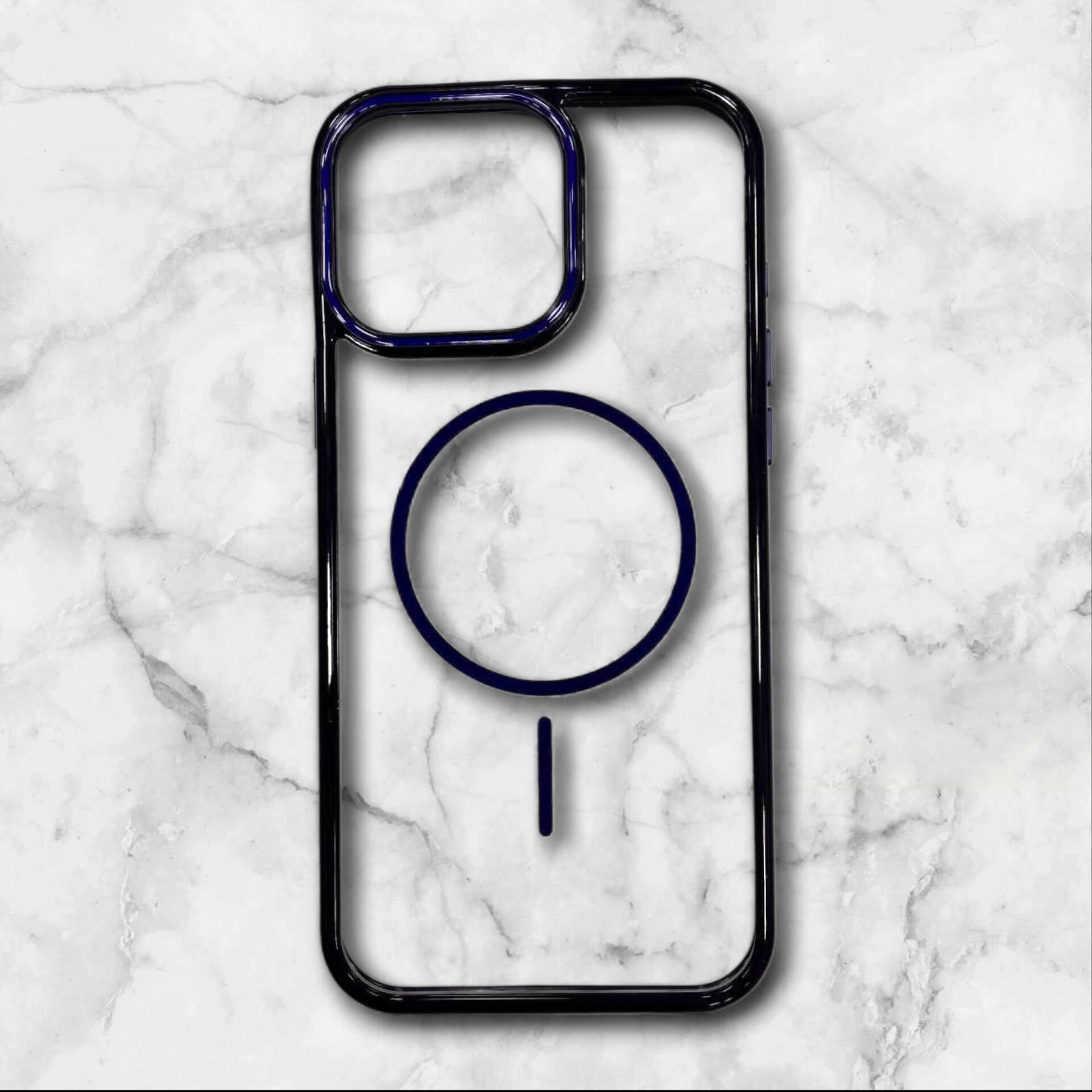  قاب شفاف iphone16promax مگ‌سیف با حلقه و فریم رنگی رنگ سورمه ای – یونیک کیس 