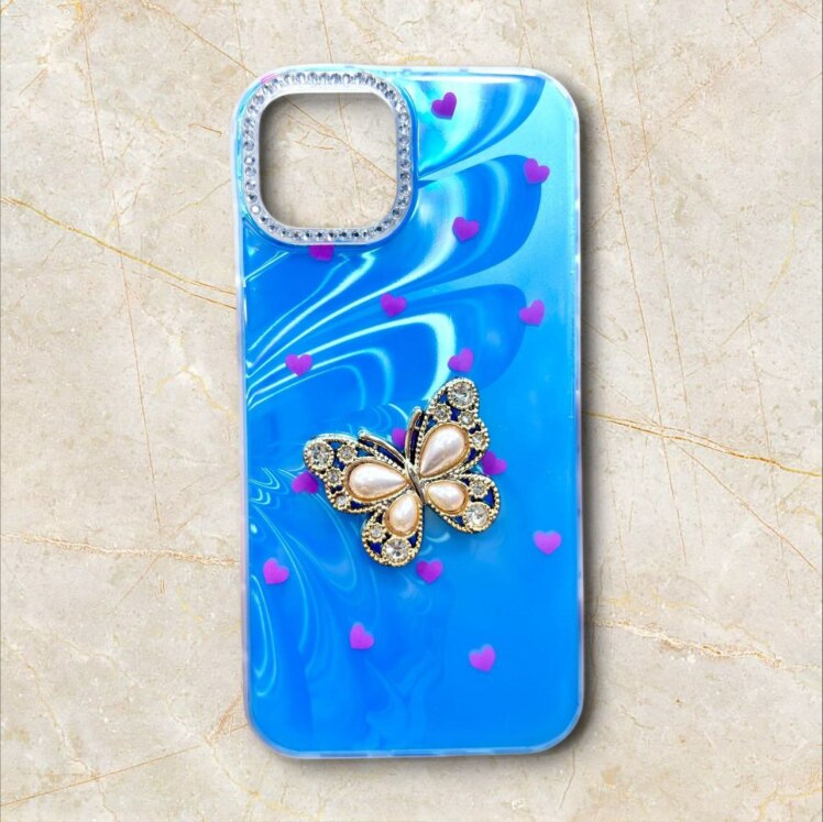 قاب پروانه نگینی آیفون iPhone16ProMax رنگ آبی روشن – Butterfly Crystal – یونیک کیس 