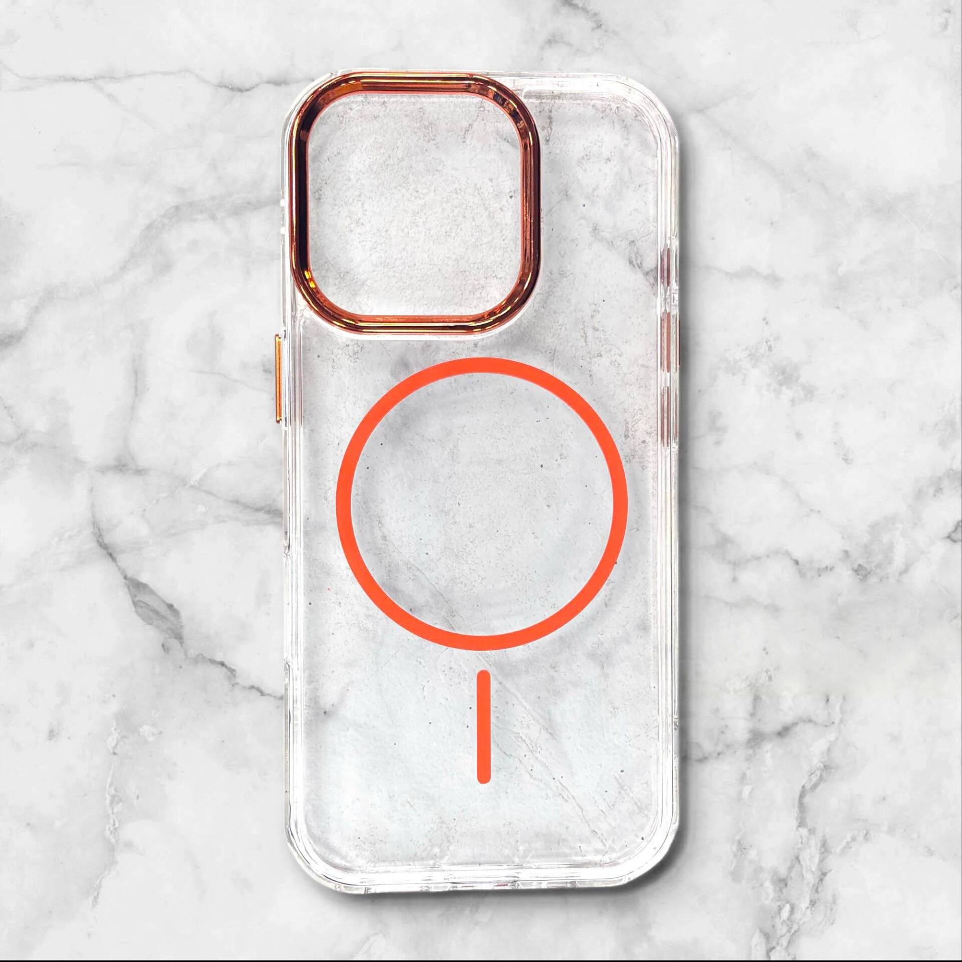  قاب ایفونiPhone16promax شفاف با لبه فلزی براق رنگ نارنجی – یونیک کیس 