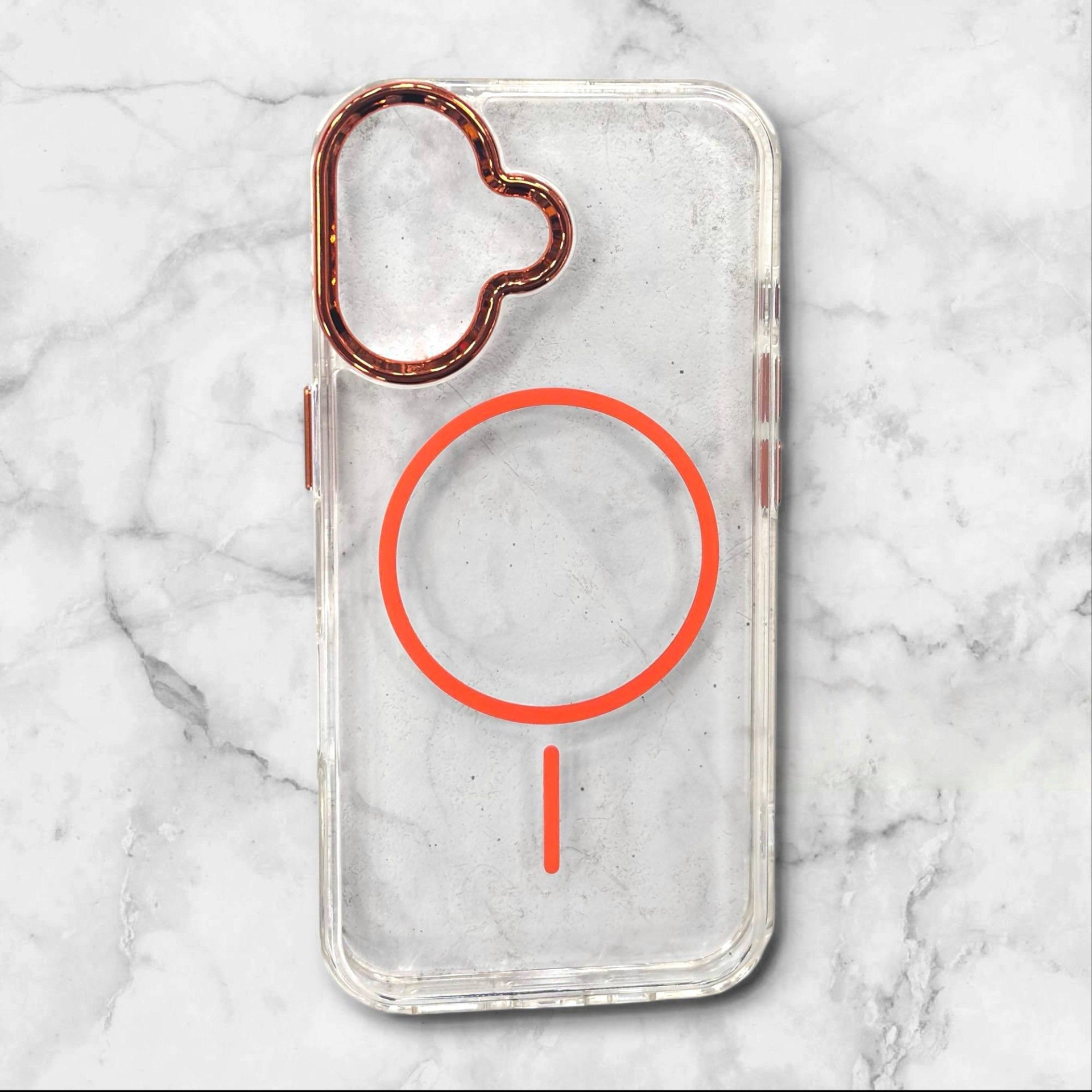  قاب ایفونiPhone16 شفاف با لبه فلزی براق رنگ نارنجی – یونیک کیس 