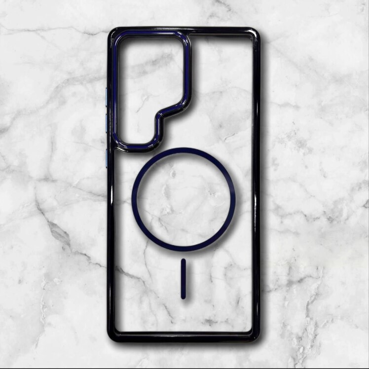 قاب شفاف samsungs25ultra مگ‌سیف با حلقه و فریم رنگی رنگ سورمه ای – یونیک کیس 