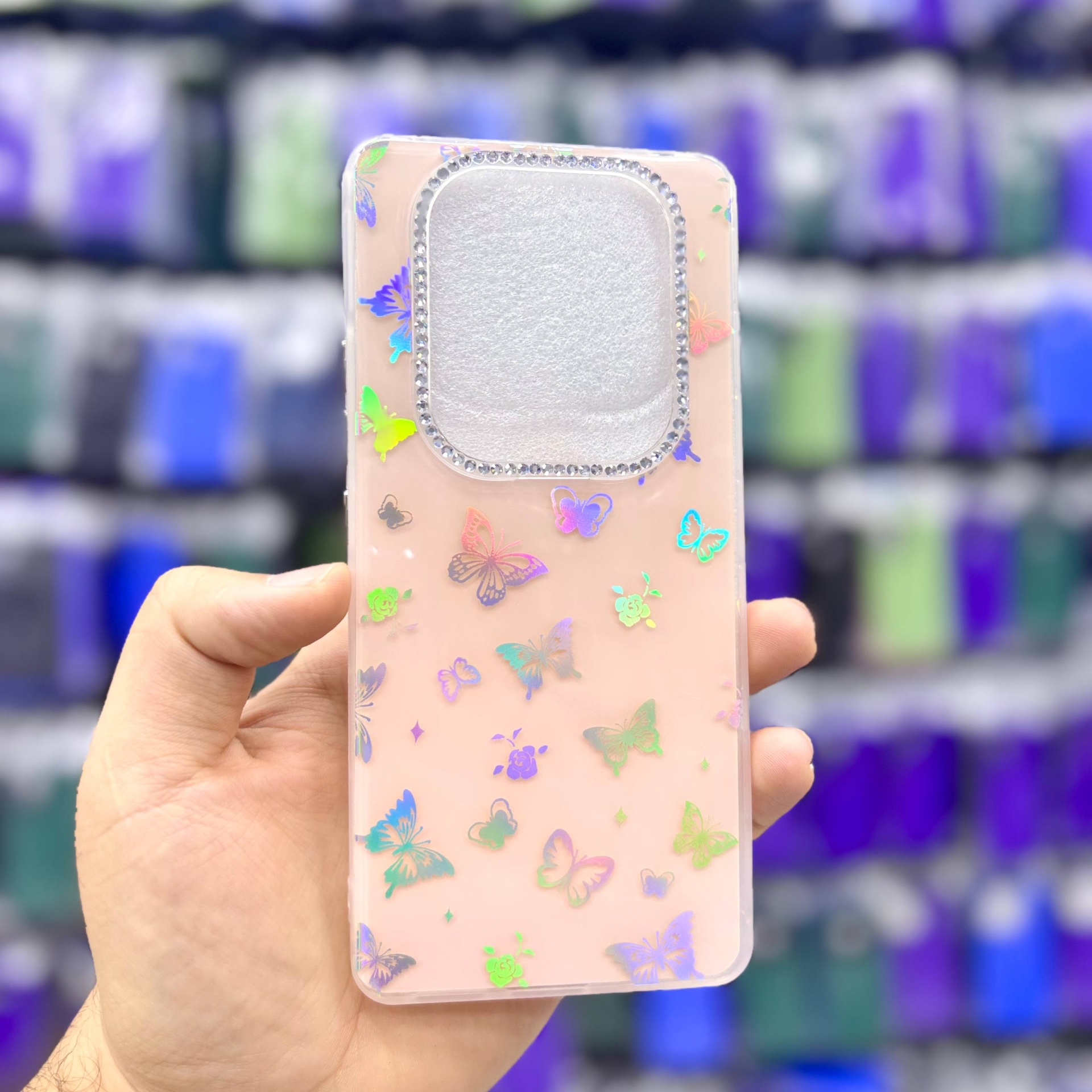  قاب شیائومیredminote14pro4g پروانه‌ای نگین‌دار هولوگرامی رنگ گلبهی – یونیک کیس 