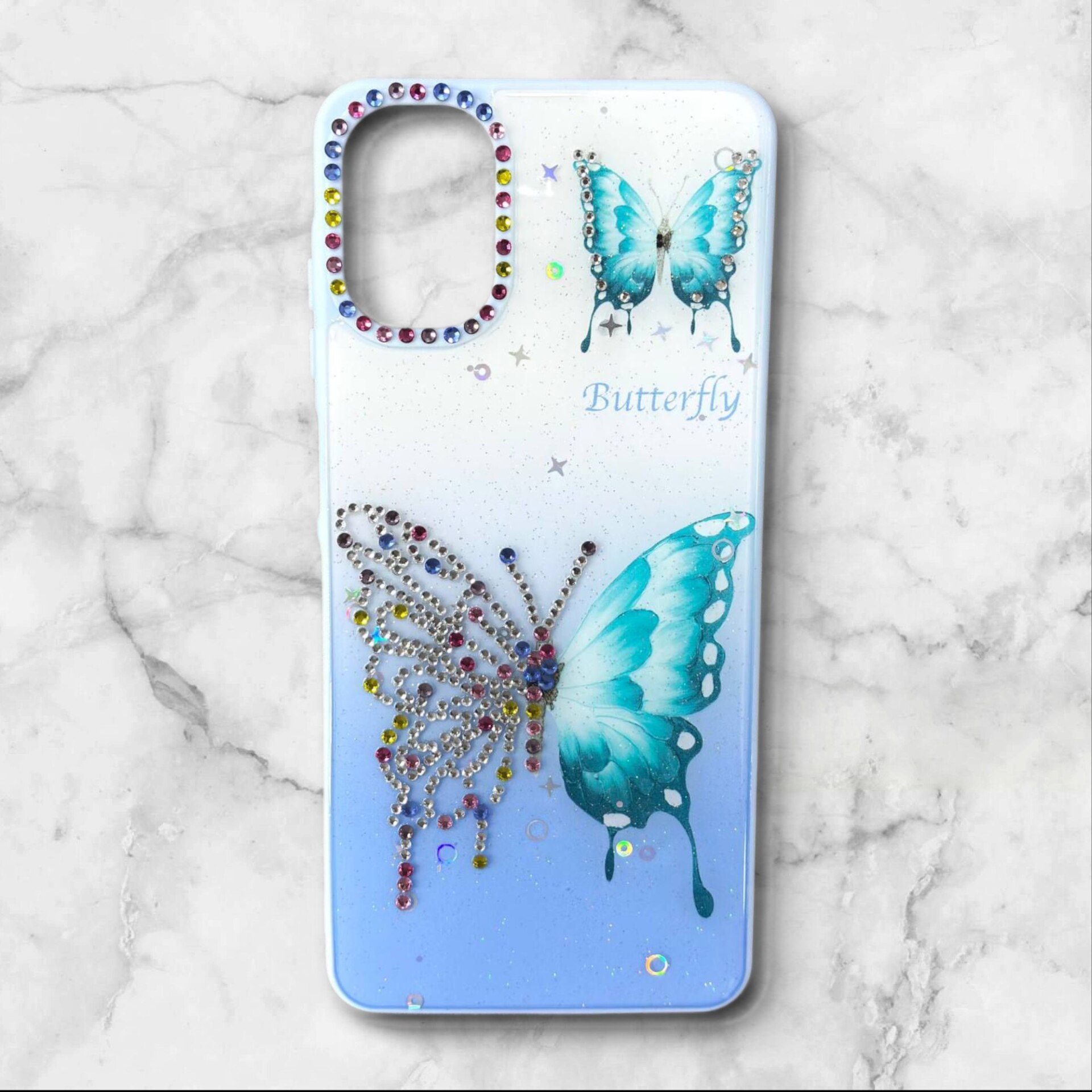  قاب طرح دار سامسونگsamsunga06 قاب پروانه نگین‌دار BUTTERFLY رنگ ابی – یونیک کیس 