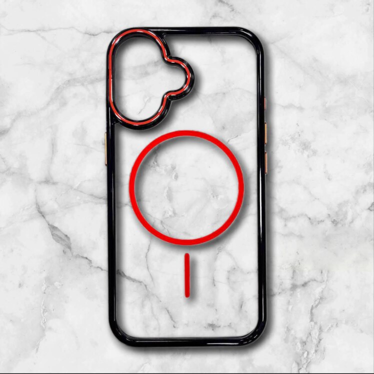 قاب شفاف iphone16 مگ‌سیف با حلقه و فریم رنگی رنگ نارنجی – یونیک کیس 