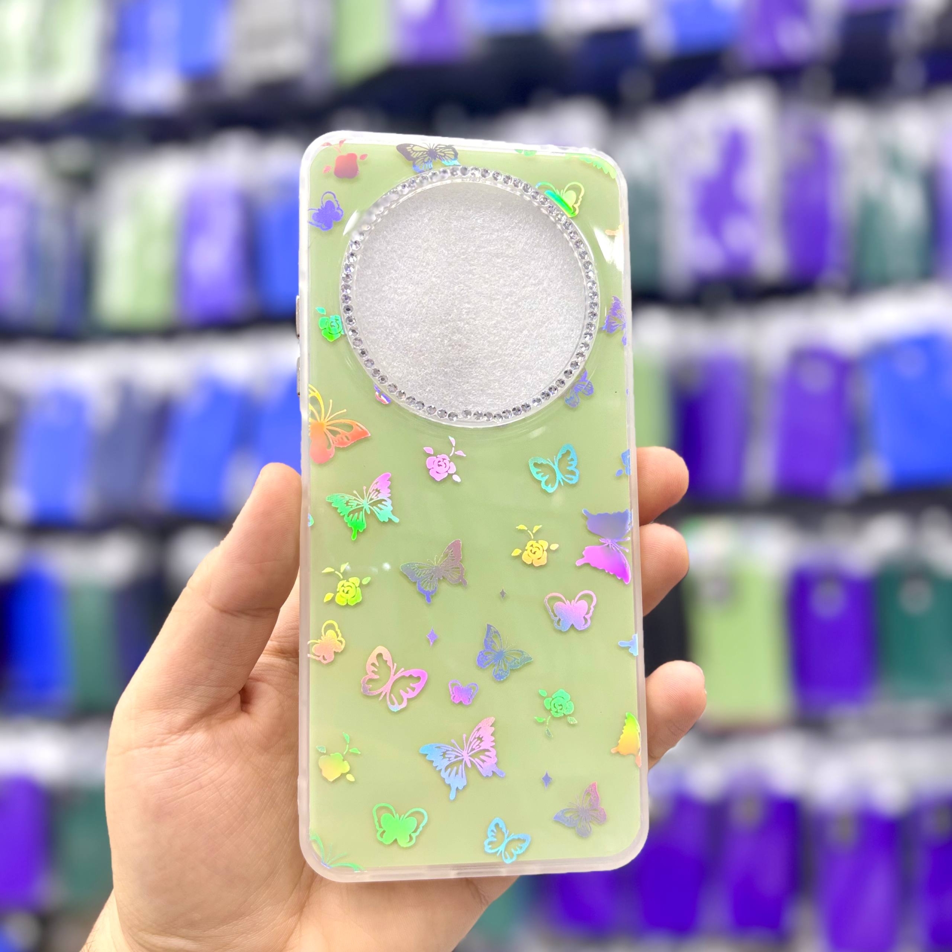  قاب شیائومیredmipococ75 پروانه‌ای نگین‌دار هولوگرامی رنگ سبز – یونیک کیس 