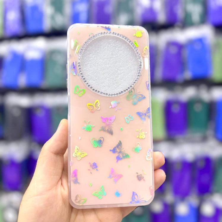 قاب شیائومیredmipococ75 پروانه‌ای نگین‌دار هولوگرامی رنگ گلبهی – یونیک کیس 