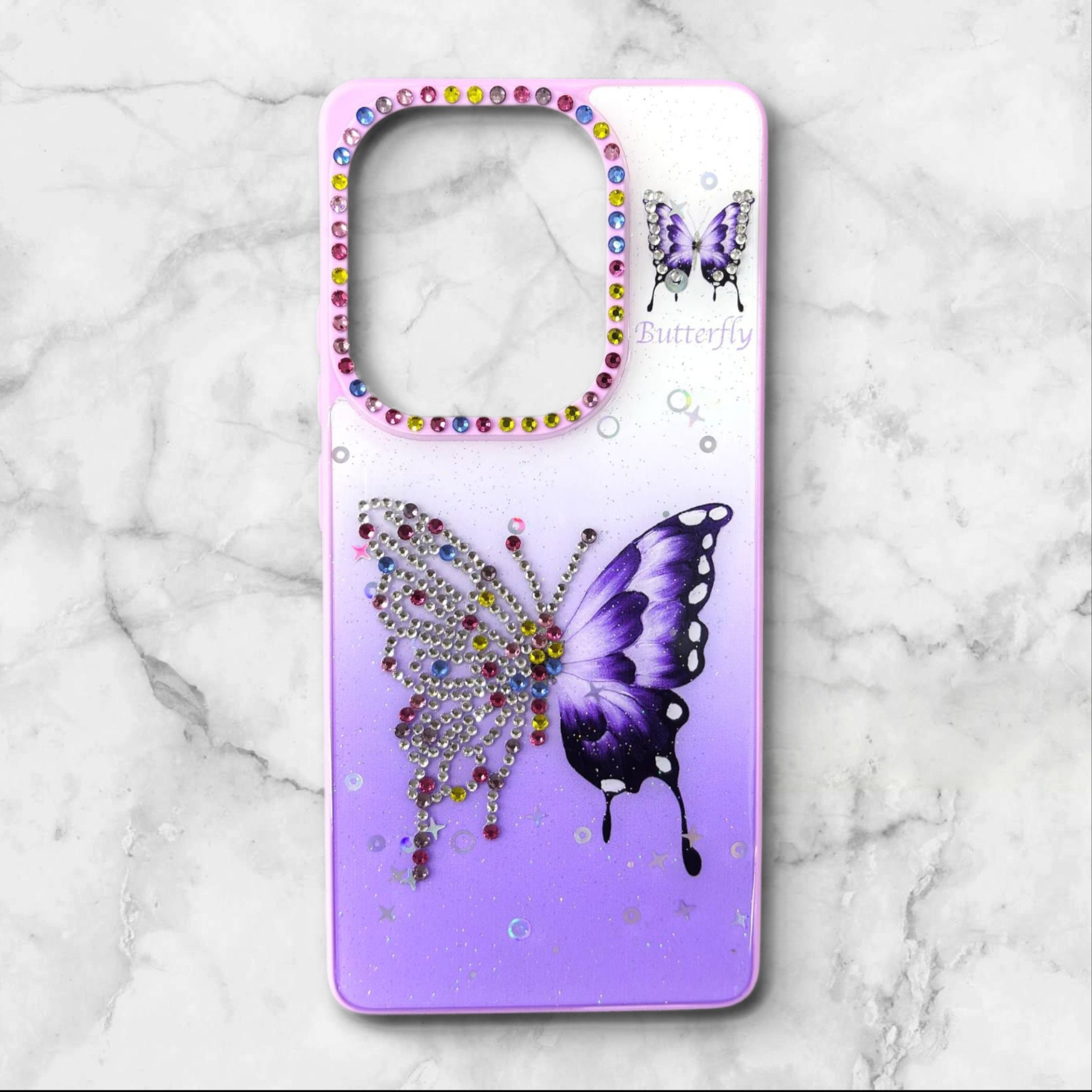  قاب طرح دار شیائومیredminote134g قاب پروانه نگین‌دار BUTTERFLY رنگ بنفش – یونیک کیس 