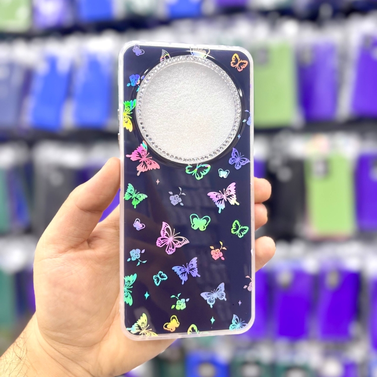 قاب شیائومیredmia3x پروانه‌ای نگین‌دار هولوگرامی رنگ مشکی – یونیک کیس 
