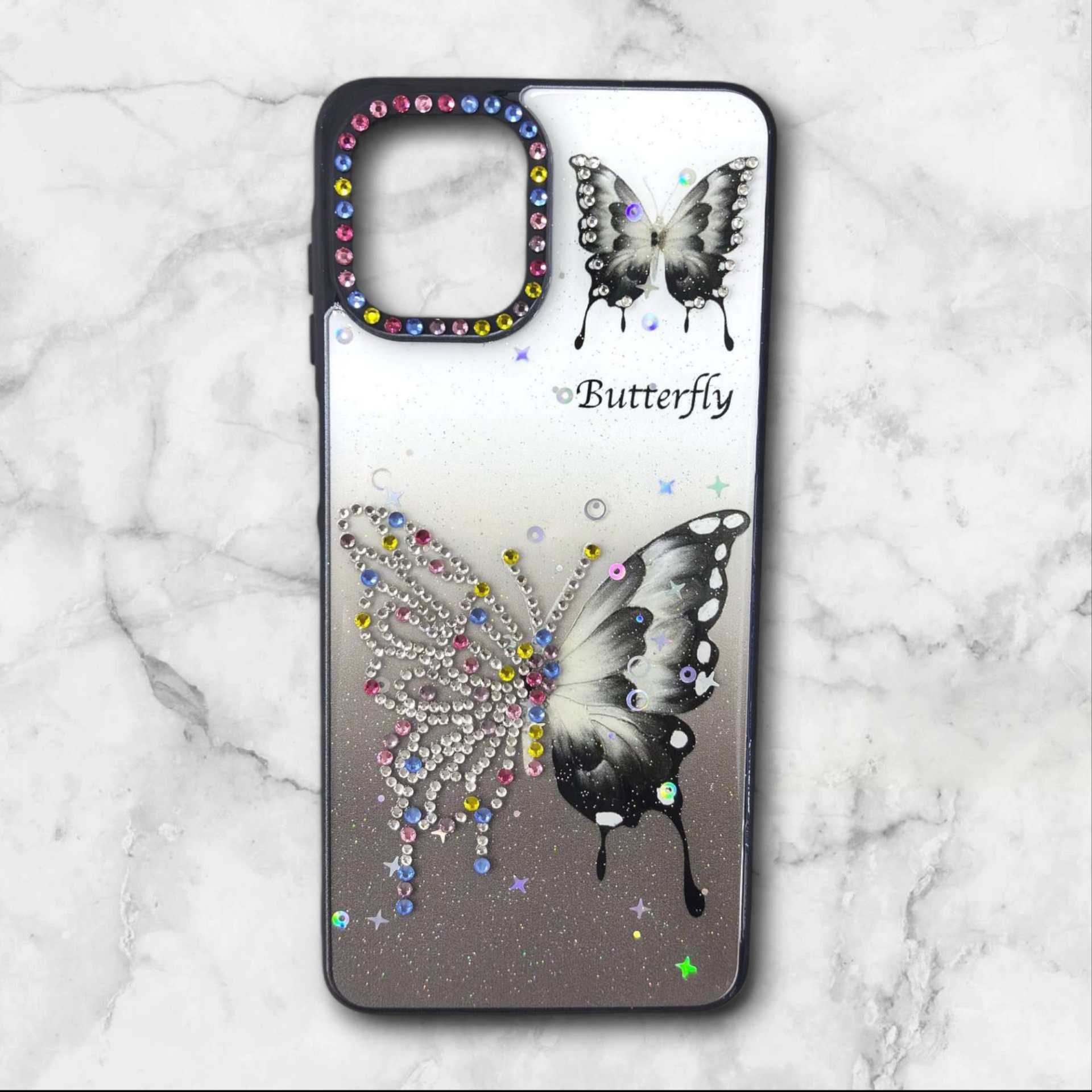  قاب طرح دار سامسونگsamsunga07 قاب پروانه نگین‌دار BUTTERFLY رنگ مشکی – یونیک کیس 