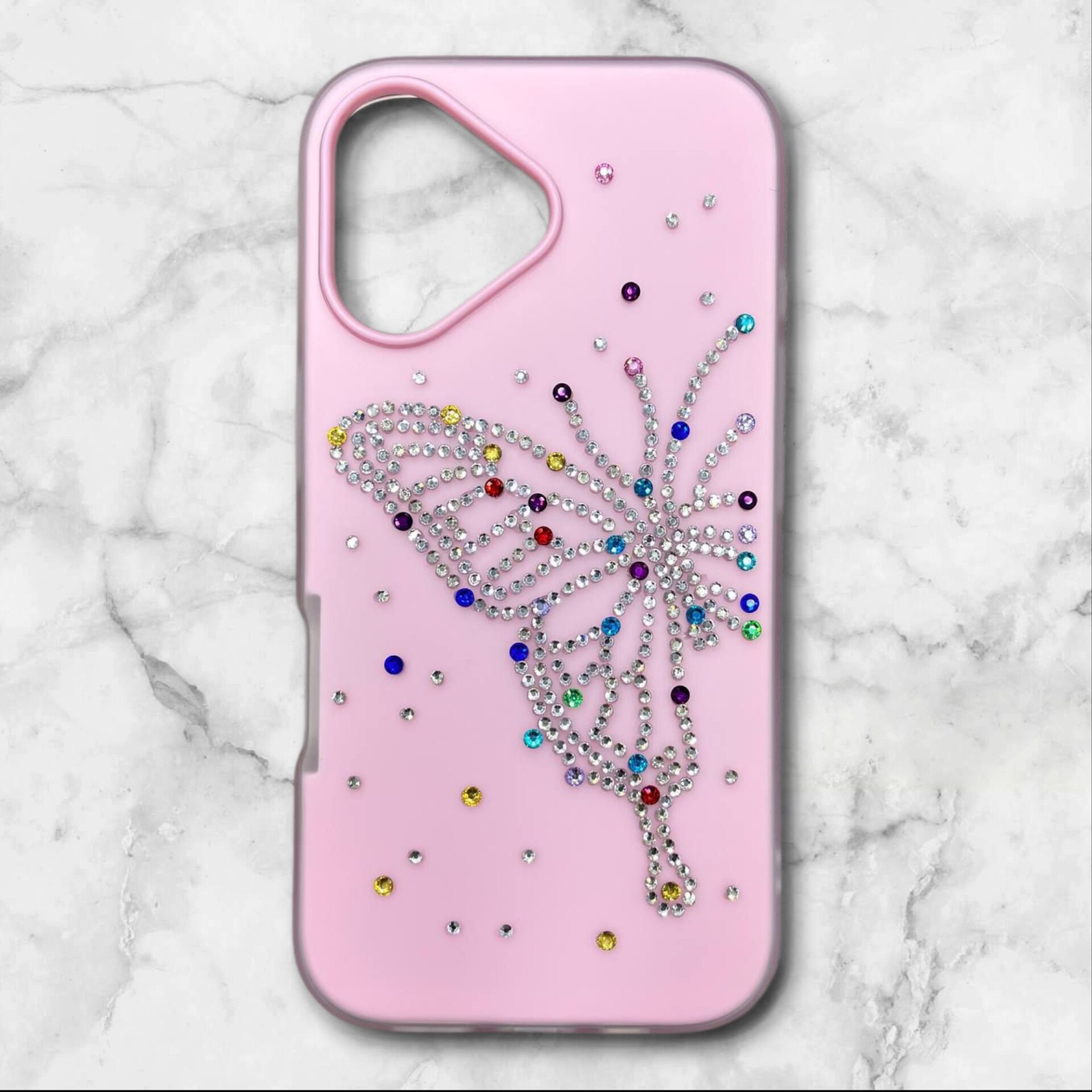 قاب ایفونiPhone17 پروانهای نگیندار سیلیکونی دولایه رنگ صورتی – یونیک کیس