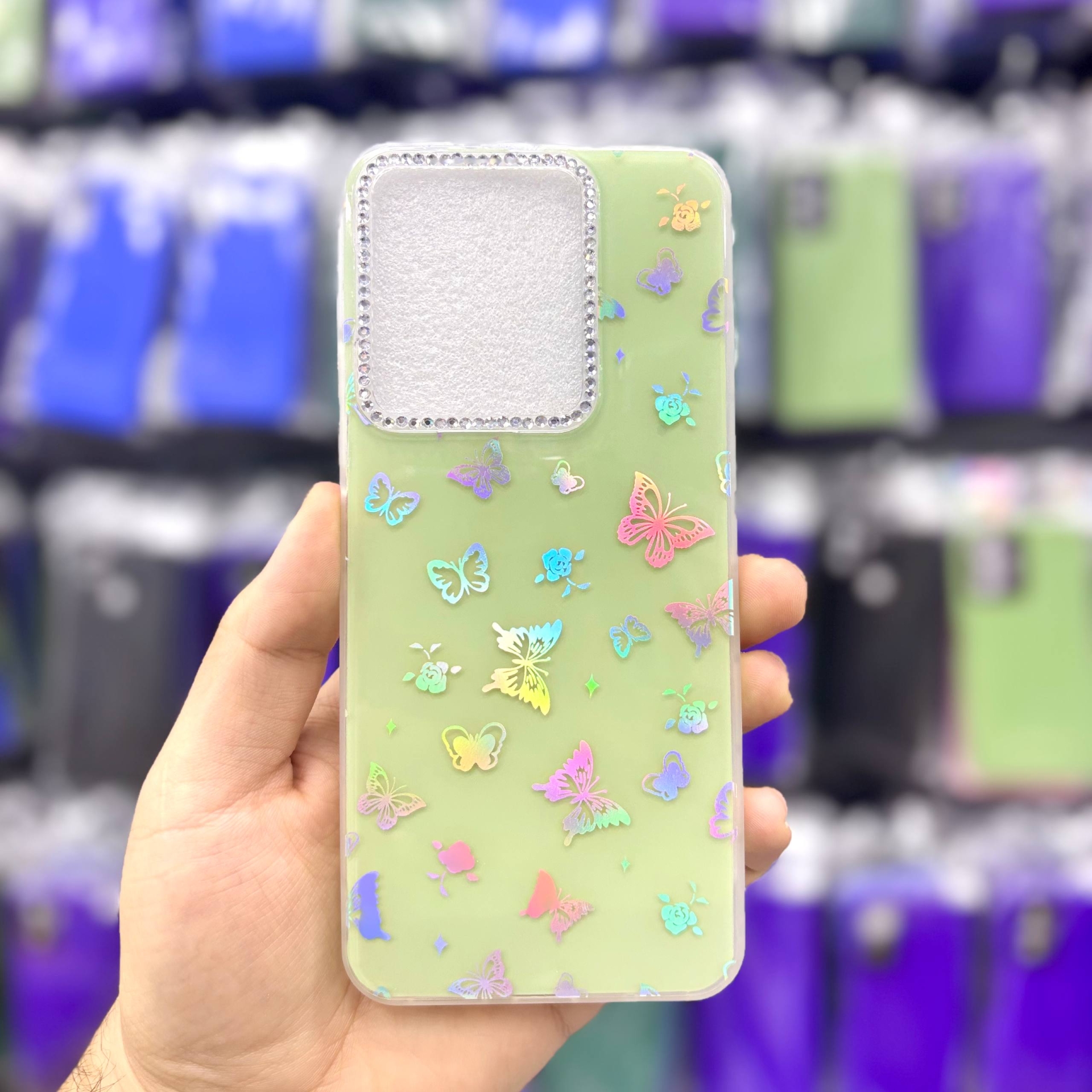  قاب شیائومیpococ85 پروانه‌ای نگین‌دار هولوگرامی رنگ سبز – یونیک کیس 