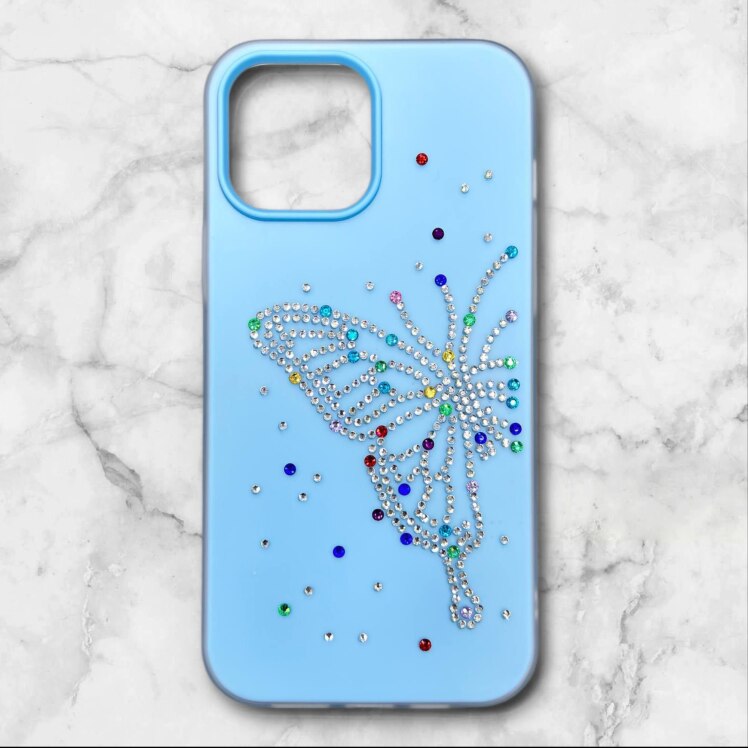 قاب ایفونiPhone12promax پروانه‌ای نگین‌دار سیلیکونی دولایه رنگ ابی – یونیک کیس 