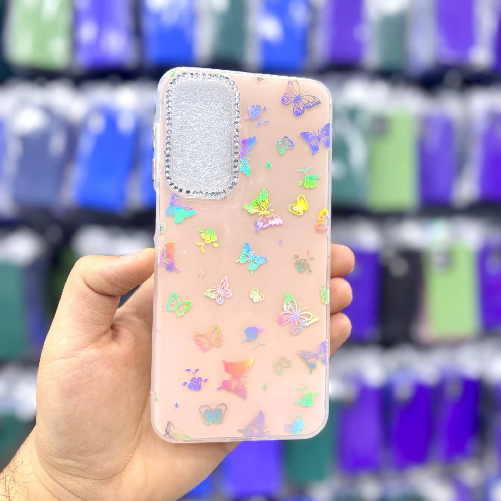 قاب سامسونگsamsunga17 پروانهای نگیندار هولوگرامی رنگ گلبهی – یونیک کیس