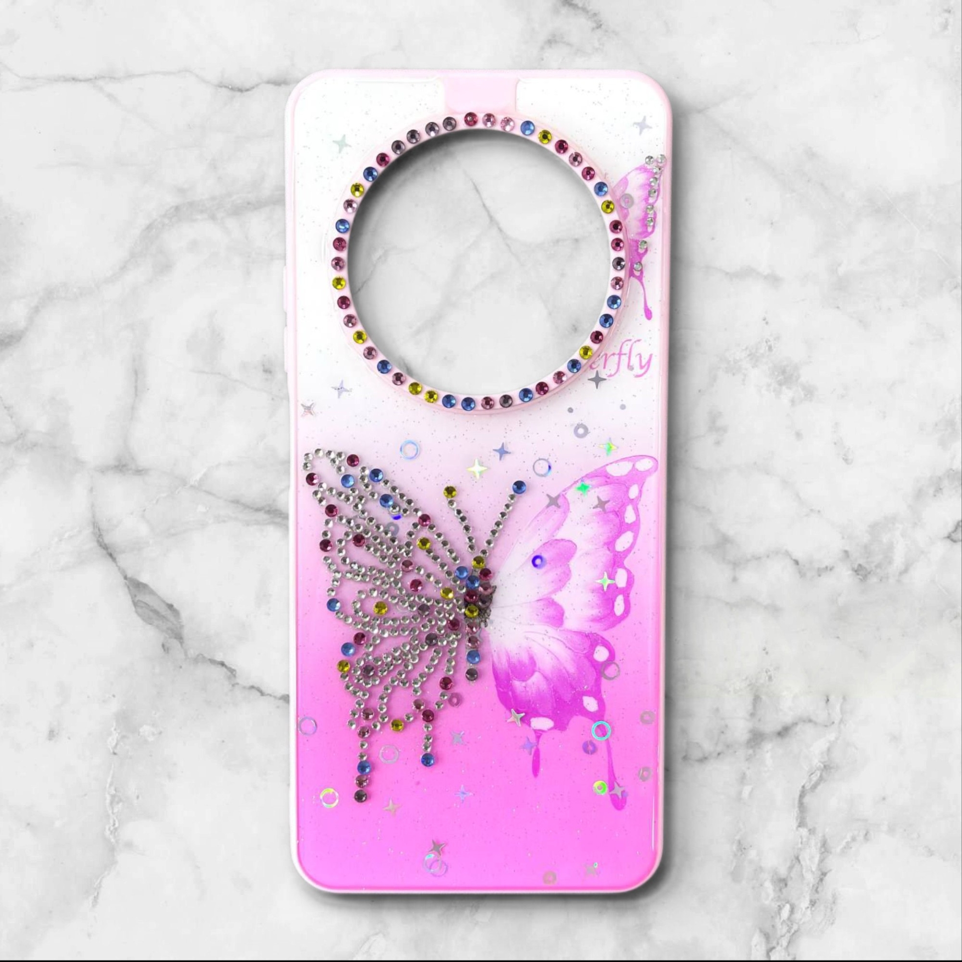  قاب طرح دار شیائومیredmipococ75 قاب پروانه نگین‌دار BUTTERFLY رنگ صورتی – یونیک کیس 