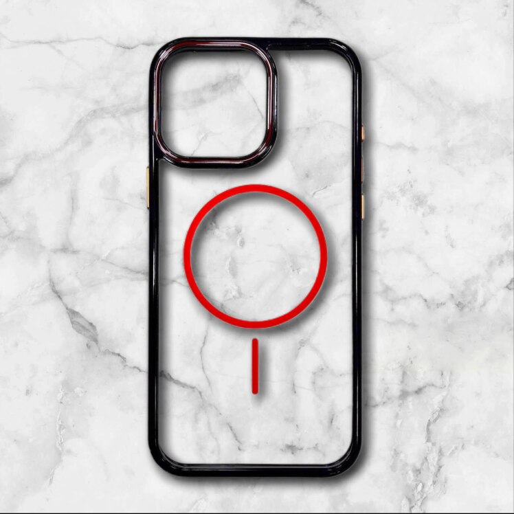 قاب شفاف iphone16promax مگ‌سیف با حلقه و فریم رنگی رنگ نارنجی – یونیک کیس 