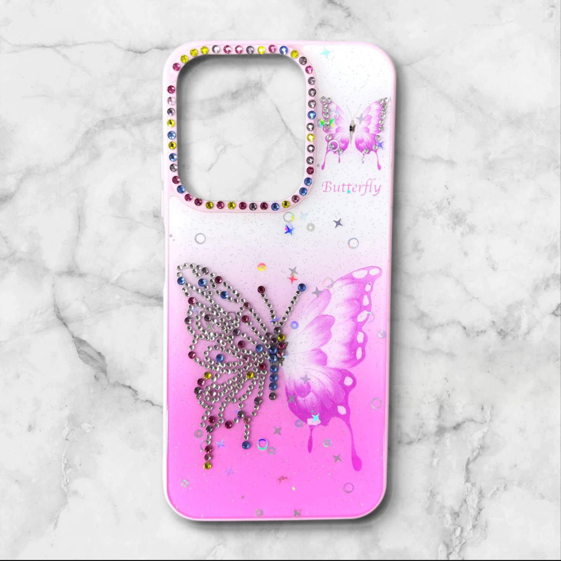  قاب طرح دار شیائومیredmipococ85 قاب پروانه نگین‌دار BUTTERFLY رنگ صورتی – یونیک کیس 