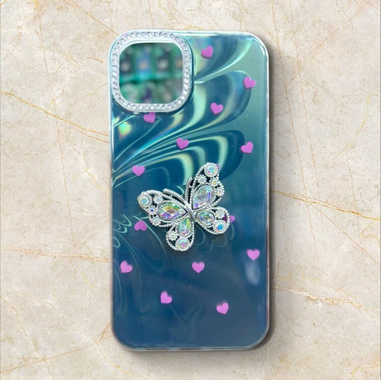 قاب پروانه نگینی آیفون iPhone13ProMax رنگ سبز یشمی – Butterfly Crystal – یونیک کیس 