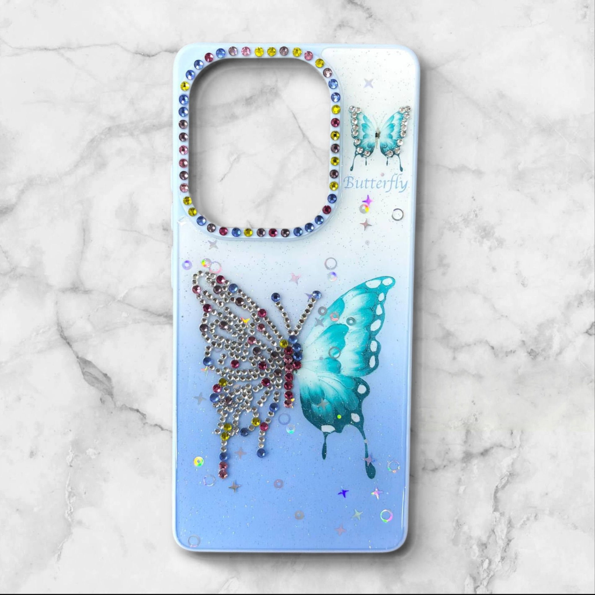  قاب طرح دار شیائومیredminote134g قاب پروانه نگین‌دار BUTTERFLY رنگ ابی – یونیک کیس 