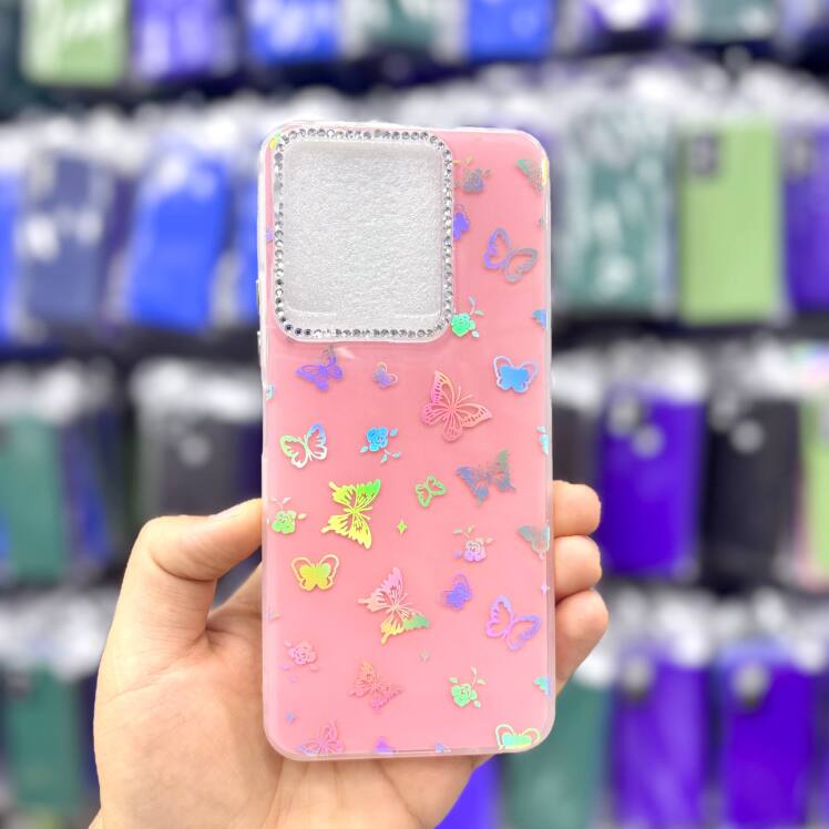 قاب شیائومیredminote14s پروانه‌ای نگین‌دار هولوگرامی رنگ صورتی – یونیک کیس 