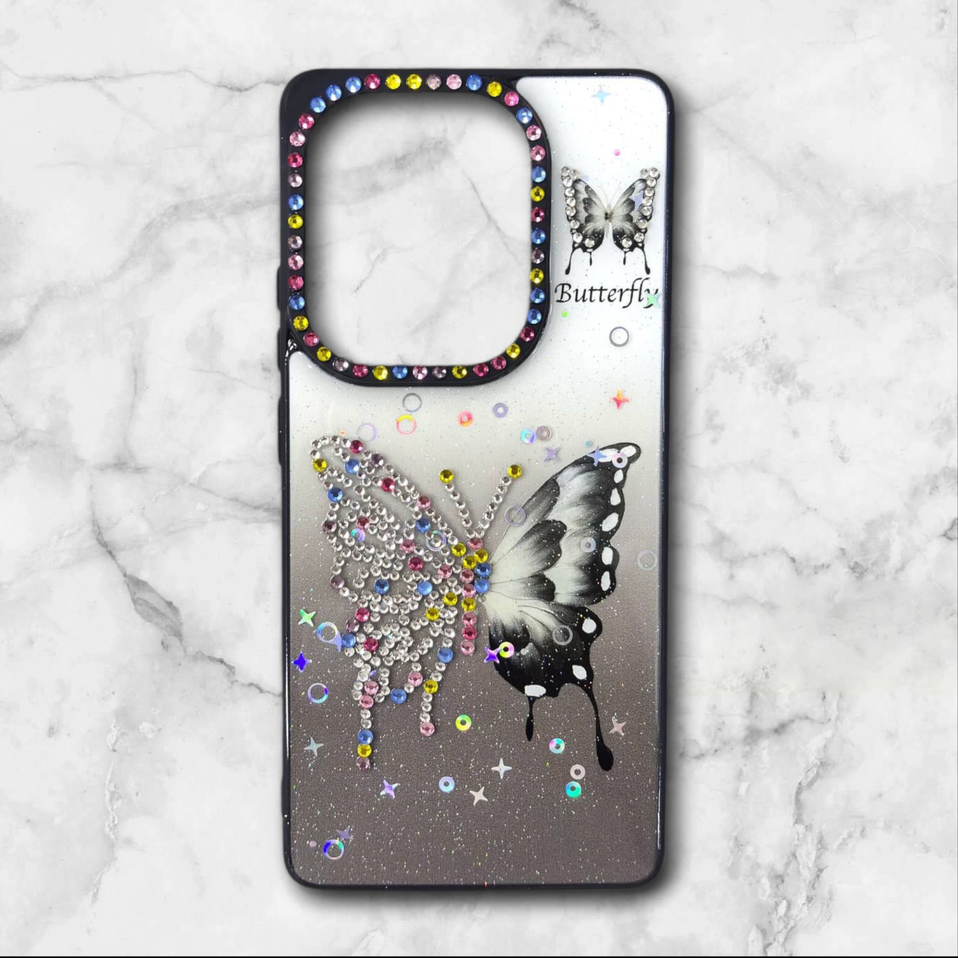  قاب طرح دار شیائومیredminote134g قاب پروانه نگین‌دار BUTTERFLY رنگ مشکی – یونیک کیس 