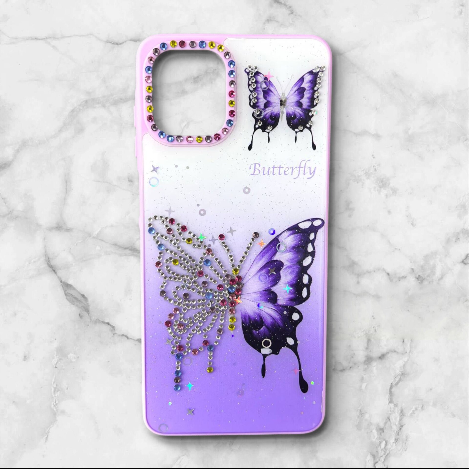  قاب طرح دار سامسونگsamsunga06 قاب پروانه نگین‌دار BUTTERFLY رنگ بنفش – یونیک کیس 