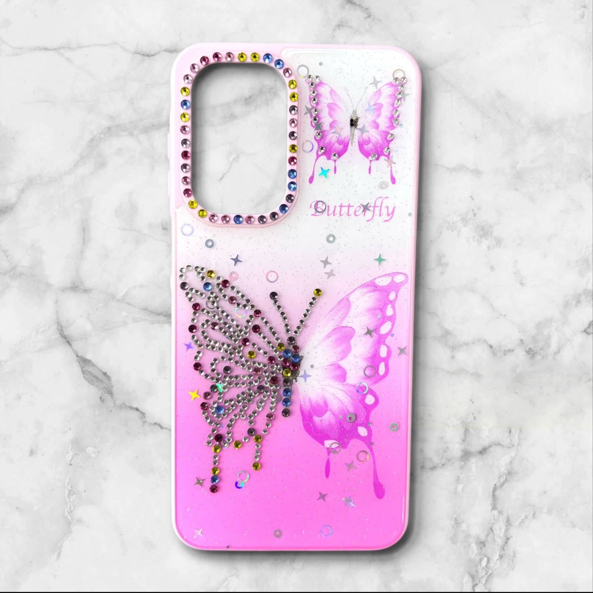  قاب طرح دار سامسونگsamsunga56 قاب پروانه نگین‌دار BUTTERFLY رنگ صورتی – یونیک کیس 