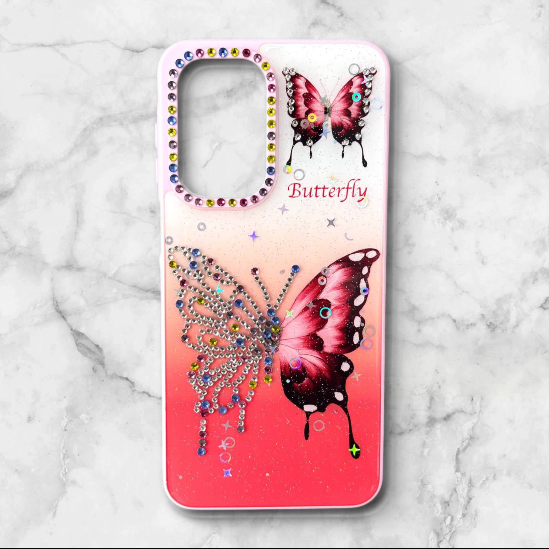  قاب طرح دار سامسونگsamsunga56 قاب پروانه نگین‌دار BUTTERFLY رنگ قرمز – یونیک کیس 
