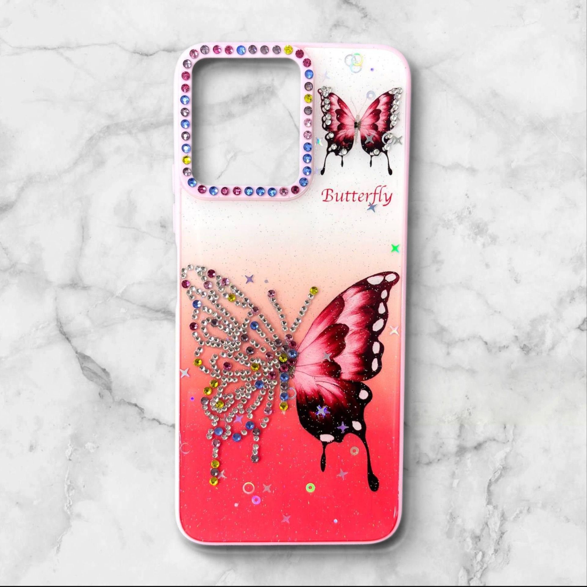 قاب طرح دار شیائومیredmi12 قاب پروانه نگیندار BUTTERFLY رنگ قرمز – یونیک کیس