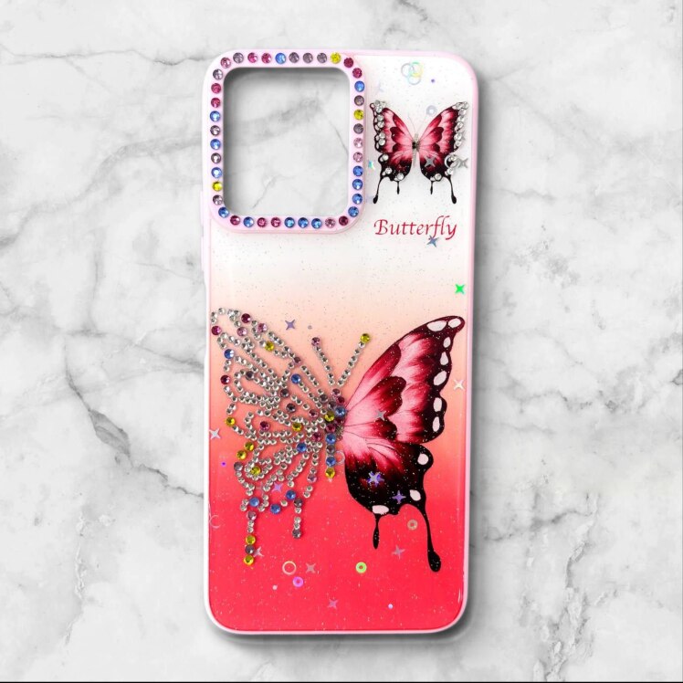قاب طرح دار شیائومیredmi12 قاب پروانه نگین‌دار BUTTERFLY رنگ قرمز – یونیک کیس 