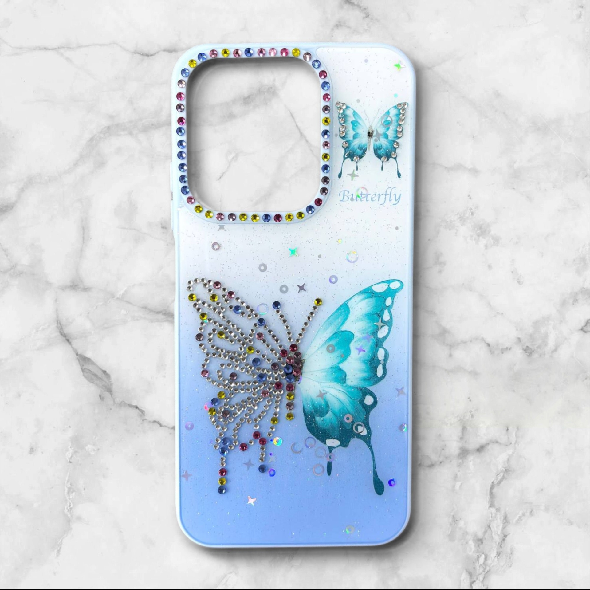  قاب طرح دار شیائومیredmipococ85 قاب پروانه نگین‌دار BUTTERFLY رنگ ابی – یونیک کیس 