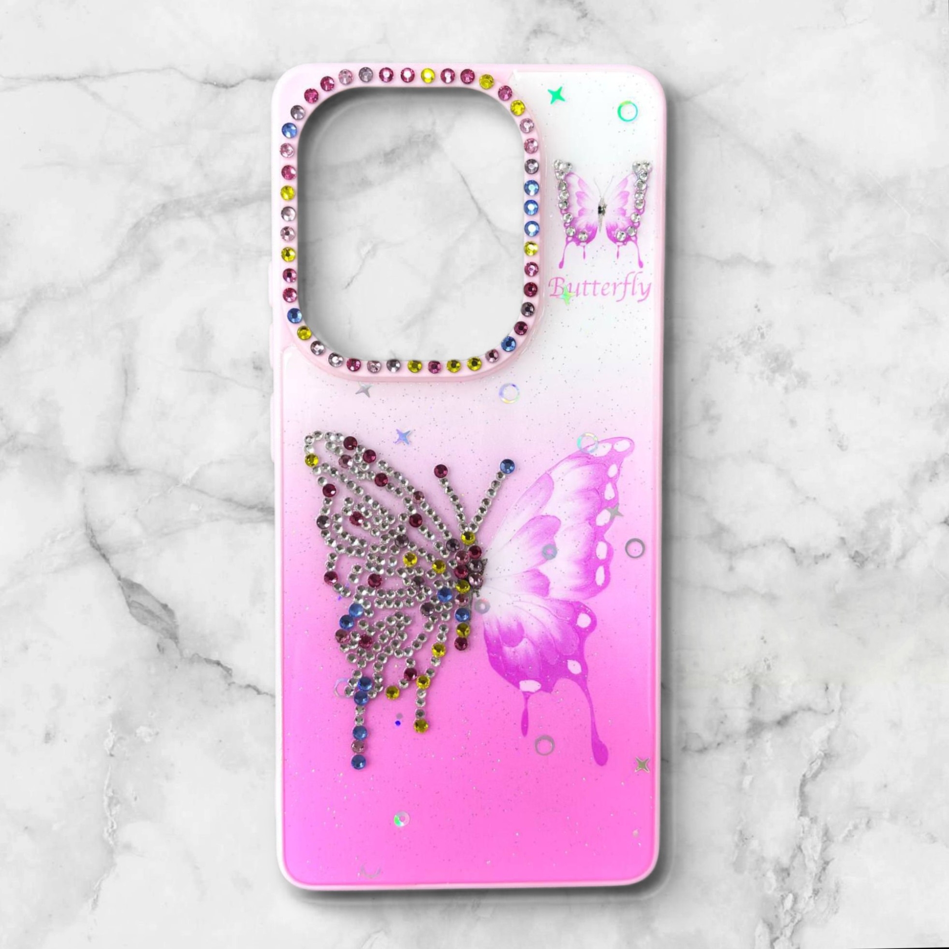  قاب طرح دار شیائومیredminote134g قاب پروانه نگین‌دار BUTTERFLY رنگ صورتی – یونیک کیس 