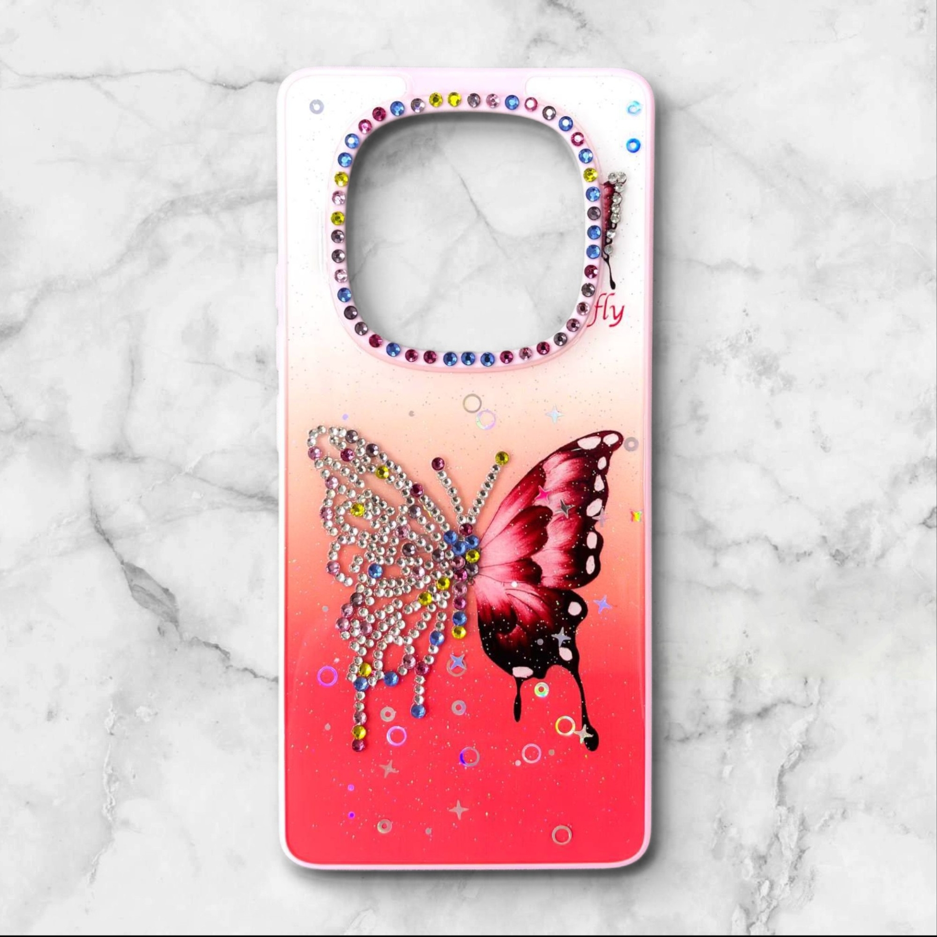  قاب طرح دار شیائومیredminote14pro4g قاب پروانه نگین‌دار BUTTERFLY رنگ قرمز – یونیک کیس 