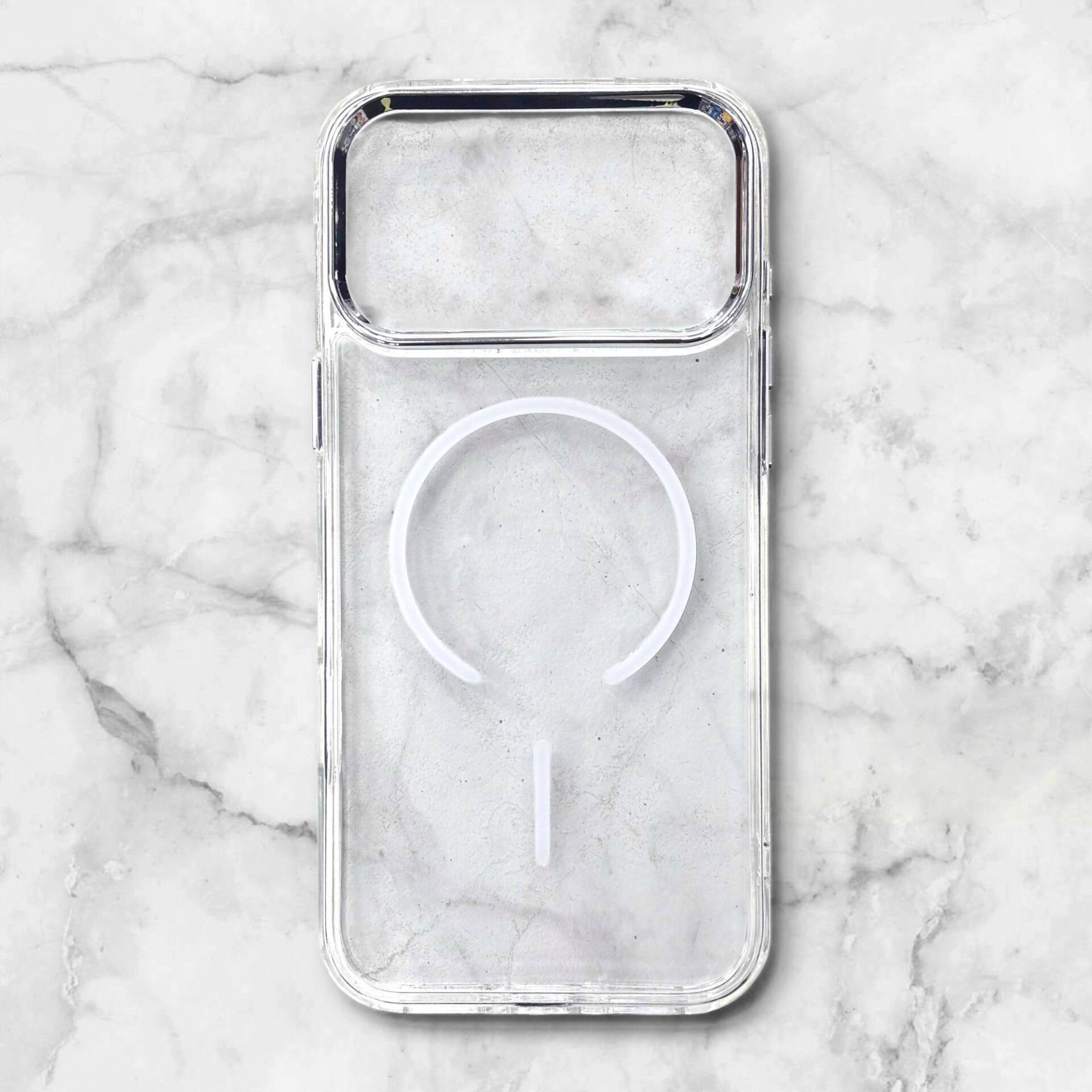  قاب ایفونiPhone17promax شفاف با لبه فلزی براق رنگ سفید – یونیک کیس 