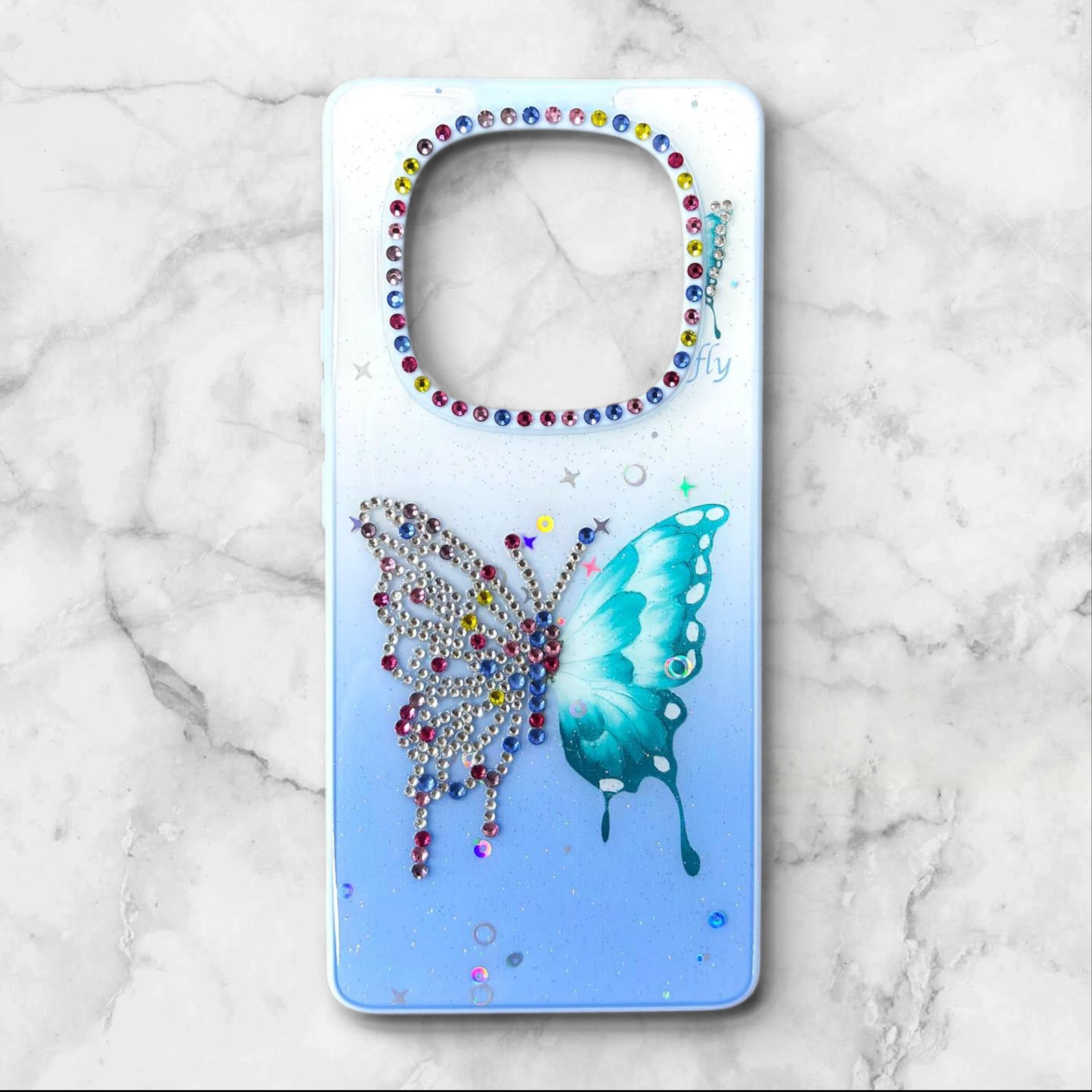  قاب طرح دار شیائومیredminote14pro4g قاب پروانه نگین‌دار BUTTERFLY رنگ ابی – یونیک کیس 