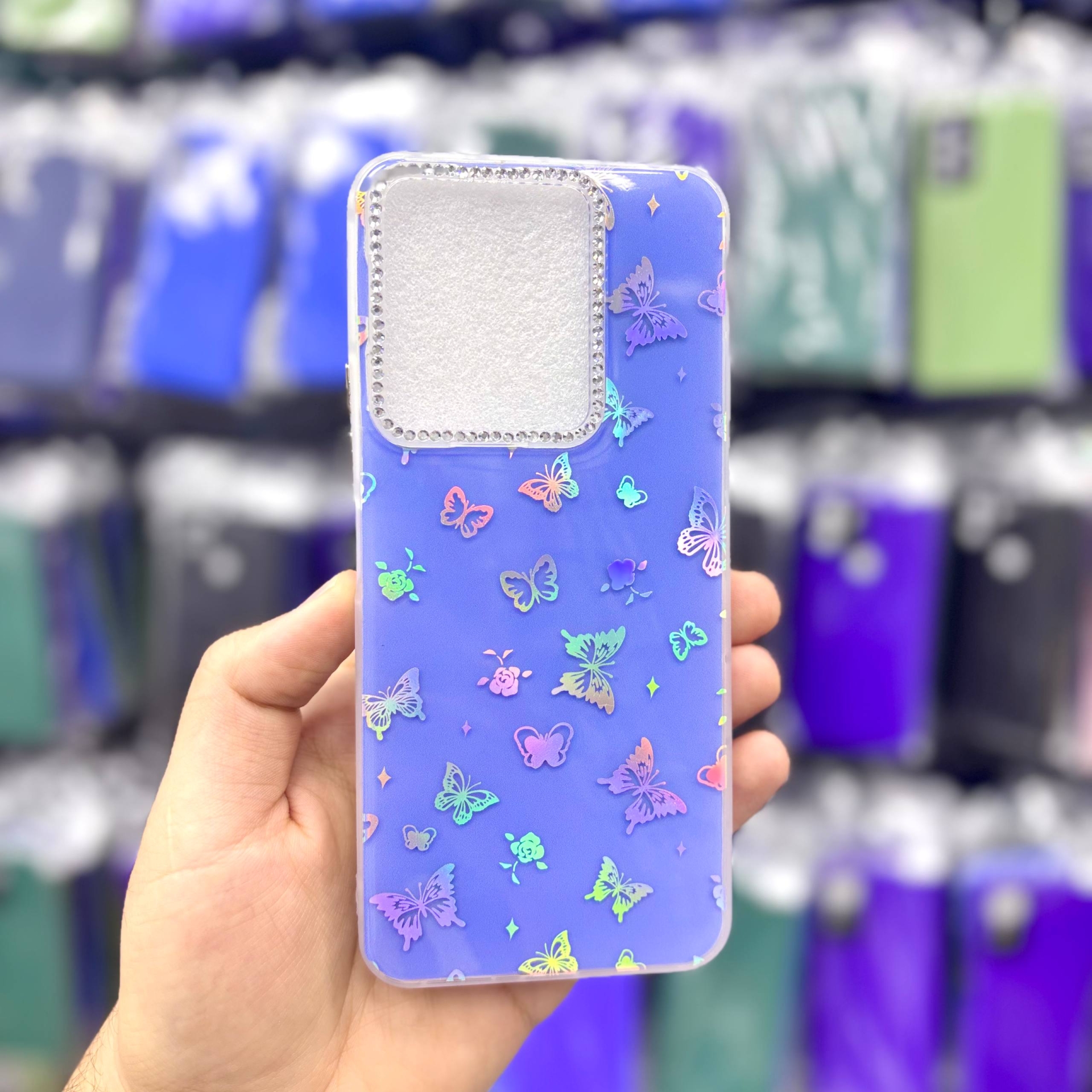  قاب شیائومیpococ85 پروانه‌ای نگین‌دار هولوگرامی رنگ ابی – یونیک کیس 