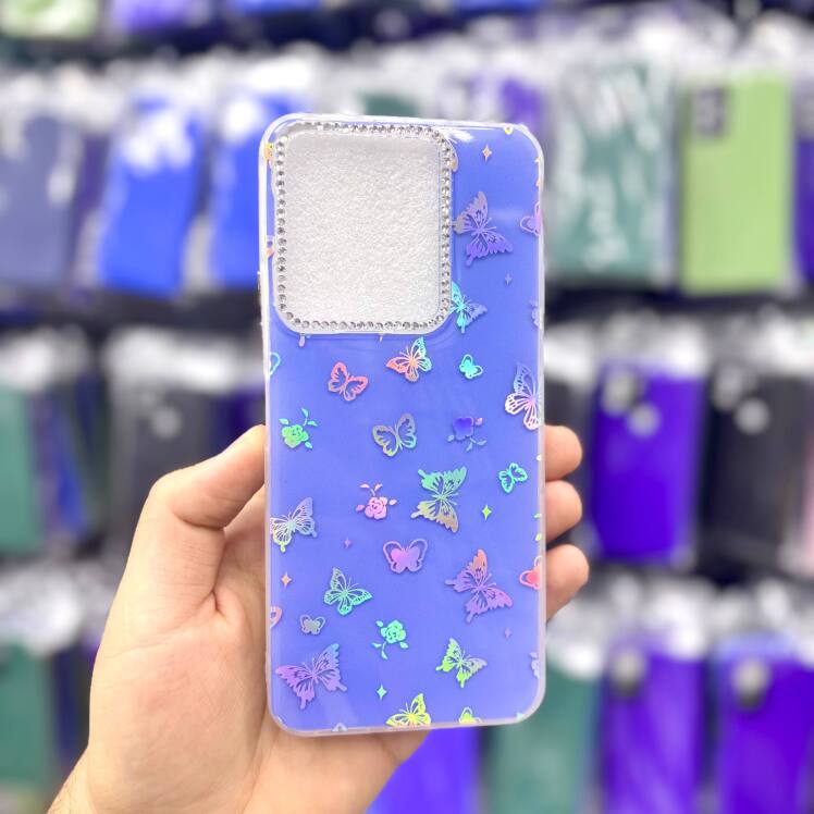قاب شیائومیredminote13pro4g پروانه‌ای نگین‌دار هولوگرامی رنگ ابی – یونیک کیس 